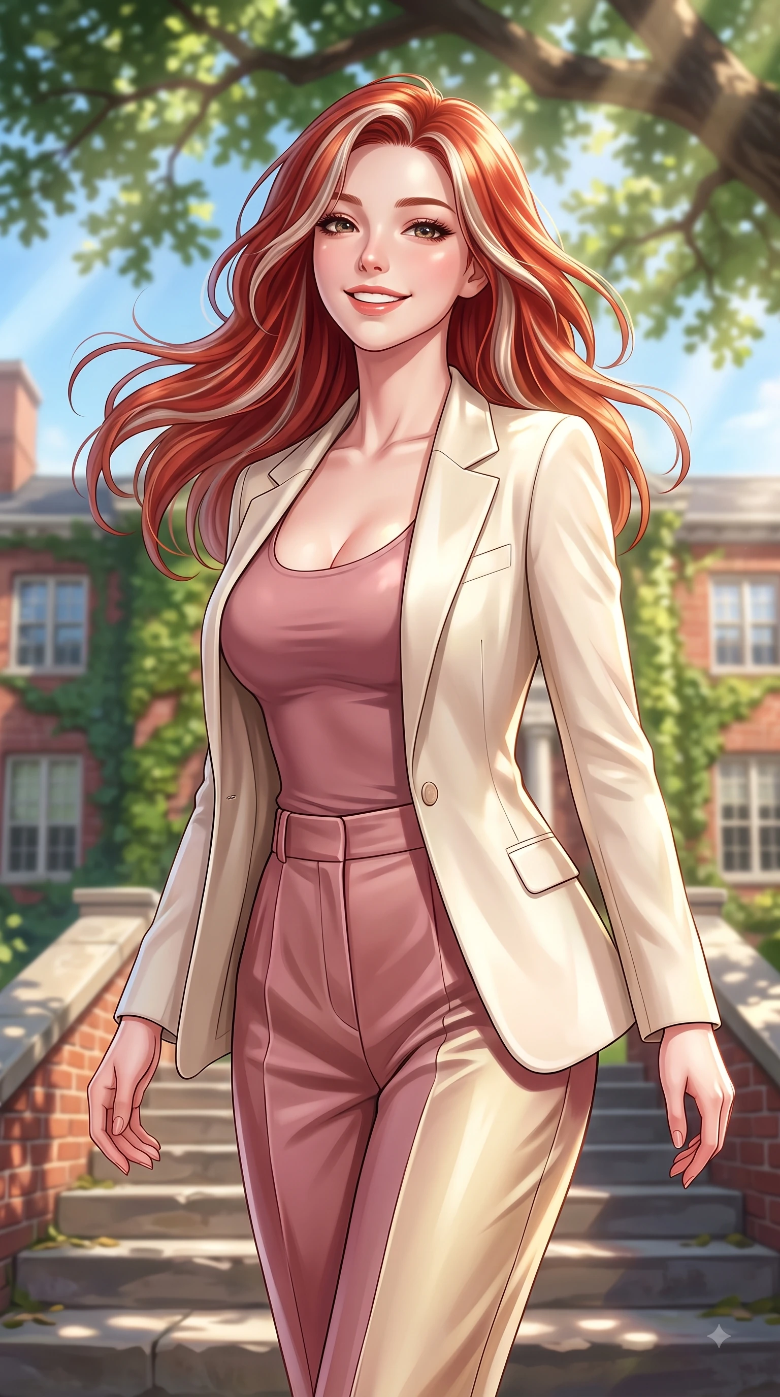 score_9, masterpiece, best quality, ultra-detailed, high-budget anime keyframe, editorial fashion photography, tasteful artistic composition, Caucasian woman. close-up cowboy shot from the waist and thighs up, the character dominates the composition, filling the frame with her large presence, background elements kept in soft focus. Tilting her chin up with a sweet beaming smile of pure delight while balancing dynamically amidst the scene while pivoting dynamically on the steps of a red-brick ivy-covered university hall with a bright smile, warm spring breeze swaying her long hair gracefully against the blue sky backdrop. She has an exceptionally elegant, slender, and willowy female figure with an ultra-slim waist, a gracefully sculpted slender torso, and a refined silhouette. sharp v-shaped jawline, high-bridge nose, intricate jewel-like eyes with depth, thick eyelashes, glossy lips with a natural sheen, flawlessly proportioned anatomical accuracy, natural body alignment, perfectly sculpted elegant limbs, clean dynamic posture without body distortion. wearing a tailored cream silk blazer over a form-contouring scoop-neck top and slacks in dusty rose and champagne gold, crafted from smooth liquid silk, complemented by criss-cross back straps highlighting her bare shoulders, the sleek second-skin texture accentuating her magnetic presence. bathed in brilliant sunny morning light filtering through oak tree canopies. highly saturated vibrant anime colors, detailed shading with soft gradients, rich glossy textures, high-contrast stereoscopic depth, volumetric dynamic lighting, master piece, 9:16 ratio