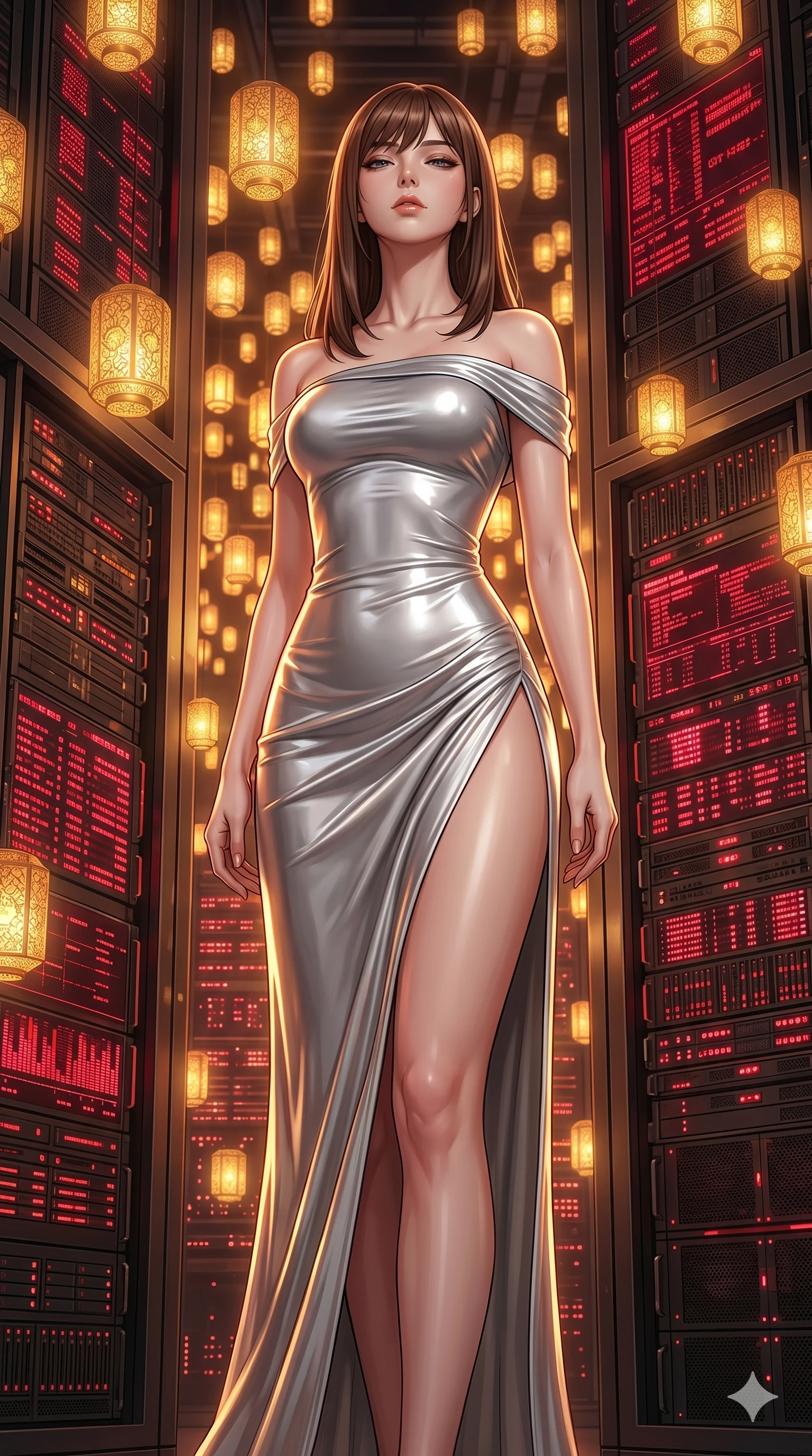 score_9, masterpiece, best quality, ultra-detailed, high-budget anime keyframe, editorial fashion photography, tasteful artistic composition, Korean woman. cowboy shot from the thighs up, character and outfit filling the frame for maximum editorial presence. Arching her neck slightly with her eyes half-closed in a moment of calm self-assurance within a cyberpunk server vault with towering racks of flashing crimson led lights. She has an absolutely perfect 8-heads proportion, an exceptionally tall and slender female figure with impossibly long slender legs and an ultra-slim waist. V-shaped jawline, high-bridge nose, intricate jewel-like eyes with depth, thick eyelashes, glossy lips with a natural sheen. wearing an asymmetric off-shoulder dress in liquid silver jersey with a body-contouring fit and high slit. illuminated by thousands of floating golden lanterns casting a soft, warm, glowing atmosphere. 2k, ultra detail, master piece, 9:16 ratio