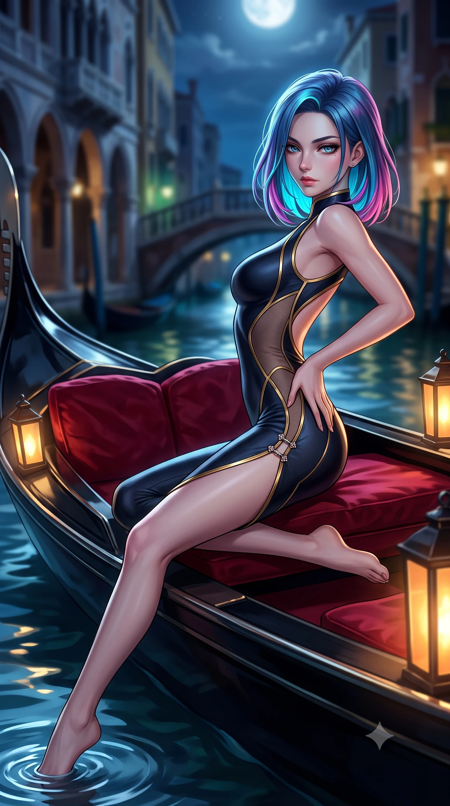 score_9, masterpiece, best quality, ultra-detailed, high-budget anime keyframe, semi-realistic 3D game render, editorial fashion photography, tasteful artistic composition, Caucasian woman. close-up cowboy shot from the waist and thighs up, the character dominates the composition, filling the frame with her large presence. arching her spine backward with effortless dancer poise, one hand sliding along her hip line as directional light carves specular highlights along her silhouette while reclining on her side across the velvet cushions of a sleek black gondola, arching her lower back with one slender leg extended as moonlit canal ripples mirror her curvy hips. The composition keeps background elements in soft focus with creamy bokeh. moonlit Grand Canal waters and distant Venetian palazzo arches blurred into deep sapphire, antique gold, and emerald bokeh. She has an exceptionally elegant, slender, and willowy female figure with an ultra-slim waist, flat toned midriff, narrow ribcage, and sculpted feminine hips creating an alluring, slim hourglass silhouette without bulk. sharp v-shaped jawline, high-bridge nose, intricate jewel-like eyes with depth, thick eyelashes, glossy parted lips with a natural sheen, intensely captivating and seductive bedroom-eyes expression, flawlessly proportioned anatomical accuracy, strict slender model proportions, natural body alignment, perfectly sculpted long slender limbs, ultra-slim waistline, clean dynamic posture without body distortion. wearing a second-skin compression catsuit with an open back and sheer mesh side waist contouring in midnight obsidian black and liquid gold, tailored from liquid silk jersey adhering flawlessly to her slender build, finished with an ultra-high side slit secured by miniature jeweled clasps, the liquid-tight tailored fabric clinging flawlessly to her narrow waist and rounded feminine hips, emphasizing every millimeter of her sculpted slim hourglass curves without any bulky heaviness. bathed in cool silver full-moon light streaming from above and warm amber gondola lantern uplights. highly saturated vibrant anime colors, detailed shading with soft gradients, rich glossy textures, high-contrast stereoscopic depth, volumetric dynamic lighting, master piece, 9:16 ratio