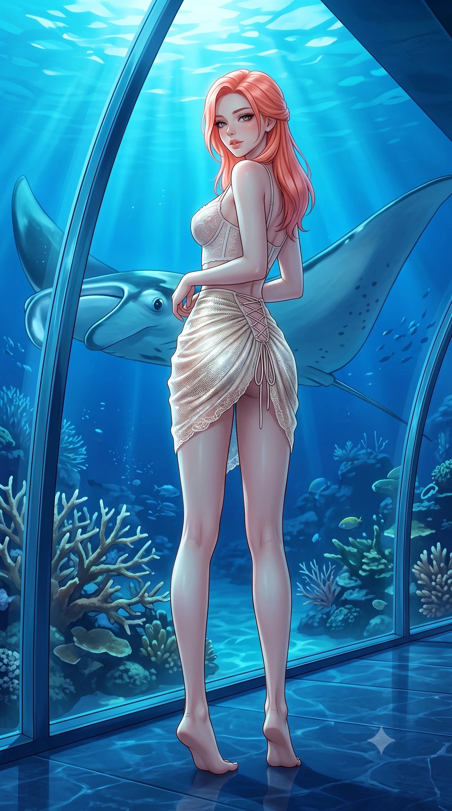 score_9, masterpiece, best quality, ultra-detailed, high-budget anime keyframe, semi-realistic 3D game render, editorial fashion photography, tasteful artistic composition, Japanese woman. low angle full-body shot from head to toe showing her feet, filling the entire 9:16 vertical frame with her statuesque presence, stretching her vertical silhouette. executing a slow, graceful pivot turn as her skirt sways around her slender legs, glancing back with an enchanting, teasing sensual expression while leaning against the massive curved acrylic window with hips cocked back, looking through deep blue water as a giant manta ray glides past with bedroom-eyes. The surrounding environment is rendered in vivid detail and crisp panoramic clarity: sharp structural acrylic window seams, living staghorn coral branch details, and crystal champagne flute clarity in deep focus. She has an absolutely perfect, statuesque 8.5-heads proportion, an exceptionally tall and slender model-like female figure with impossibly long slender legs, an ultra-slim waist, a flat toned midriff, narrow delicate ribcage, and beautifully sculpted feminine hips creating a graceful, slim hourglass silhouette without any bulky heaviness. sharp v-shaped jawline, high-bridge nose, sparkling eyes with hypnotic seductive depth, thick curled eyelashes, glossy parted lips with a natural dewy peach sheen, alluring bedroom-eyes with an enchanting coquettish smile, exuding magnetic siren charisma and sophisticated glamour, flawlessly proportioned anatomical accuracy, strict slender model proportions, natural body alignment, perfectly sculpted long slender limbs, ultra-slim waistline, clean dynamic posture without body distortion. wearing a sculpted underwire demi-bustier in semi-sheer lace paired with an ultra-short draped tulip skirt in Austrian royal ivory and champagne lace, crafted from shimmering fluid chainmail mesh reflecting ambient lights, featuring fine criss-cross lace-up side ties revealing tantalizing glimpses of her hip curve, the second-skin tailored fabric adhering flawlessly to her sculpted flat midriff and slender torso, emphasizing her long leg lines and perfectly proportioned willowy build. bathed in ethereal undulating cyan and deep-blue aquatic light filtering through exterior ocean floodlights. highly saturated vibrant anime colors, detailed shading with soft gradients, rich glossy textures, high-contrast stereoscopic depth, volumetric dynamic lighting, master piece, 9:16 ratio