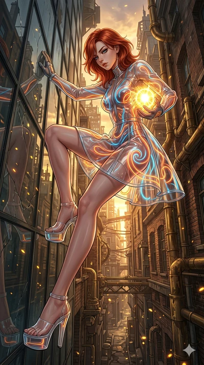 score_9, masterpiece, best quality, ultra-detailed, Set A: High-budget Anime Keyframe, Caucasian (human ears) woman. Low angle cowboy shot filling the entire 9:16 frame with her statuesque presence. Theme: Urban Decay. sliding down a glass skyscraper