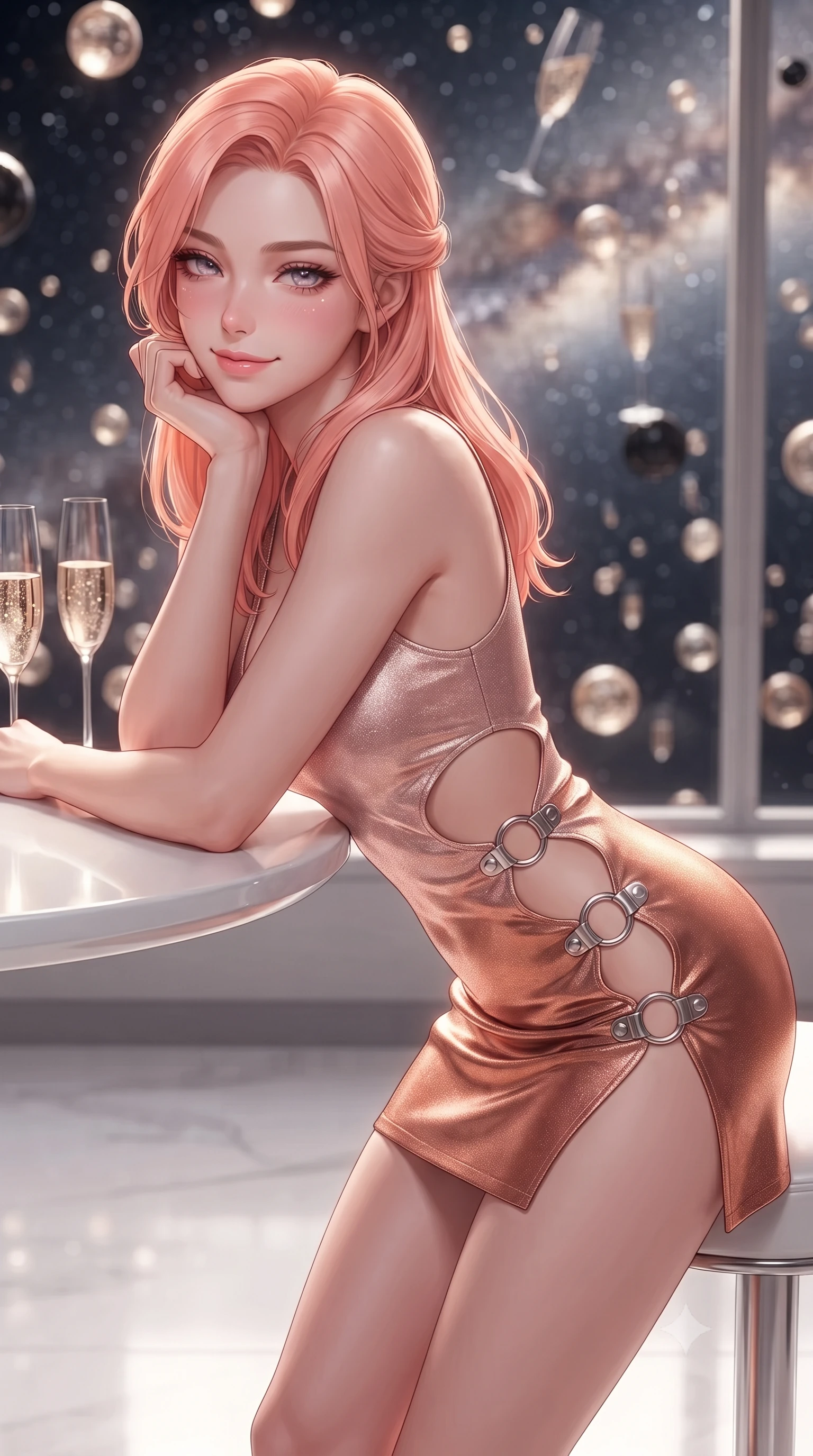 score_9, masterpiece, best quality, ultra-detailed, high-budget anime keyframe, editorial fashion photography, tasteful artistic composition, Japanese woman. close-up cowboy shot from the waist and thighs up, the character dominates the composition, filling the frame with her large presence. resting one elbow on the table and supporting her chin, leaning close to the camera with heavy-lidded sparkling eyes and parted lips while standing poised on the polished white polymer floor before the floor-to-ceiling starlight observation window, arching her back with aristocratic supermodel elegance. The background shows a soft-focus floating zero-gravity liquid spheres, crystal flutes, and brilliant Milky Way star clusters through panoramic glass blurred into champagne, diamond, and onyx bokeh. She has an exceptionally elegant, slender, and willowy female figure with an ultra-slim waist, flat toned midriff, narrow ribcage, and sculpted feminine hips creating an alluring, slim hourglass silhouette without bulk. sharp v-shaped jawline, high-bridge nose, intricate jewel-like sparkling eyes with depth, thick eyelashes, glossy parted lips with a natural peach sheen, bright cheerful beaming smile with an enchanting and coquettish sensual glint, exuding both youthful cute charm and seductive allure, flawlessly proportioned anatomical accuracy, strict slender model proportions, natural body alignment, perfectly sculpted long slender limbs, ultra-slim waistline, clean dynamic posture without body distortion. wearing a provocative open-waist combat cutout mini dress framed by polished chrome ring hardware and thigh-high slit in high-gloss rose-gold and burnished copper, woven from stretch metallic lurex jersey casting radiant starlight glints across her curves, finished with sleek magnetic buckle closures fluttering in the breeze, the precision-cut side openings and low-back scoop framing her graceful spine and the sensual sweep of her slim, toned hips. illuminated by white polymer floor reflection bounce and sharp platinum rim lights sculpting her jawline, narrow waist, and curvy hips. ultra-reflective glossy finish, specular highlights, rich textural contrasts, high-contrast stereoscopic depth, volumetric dynamic lighting, 2k, ultra detail, master piece, 9:16 ratio