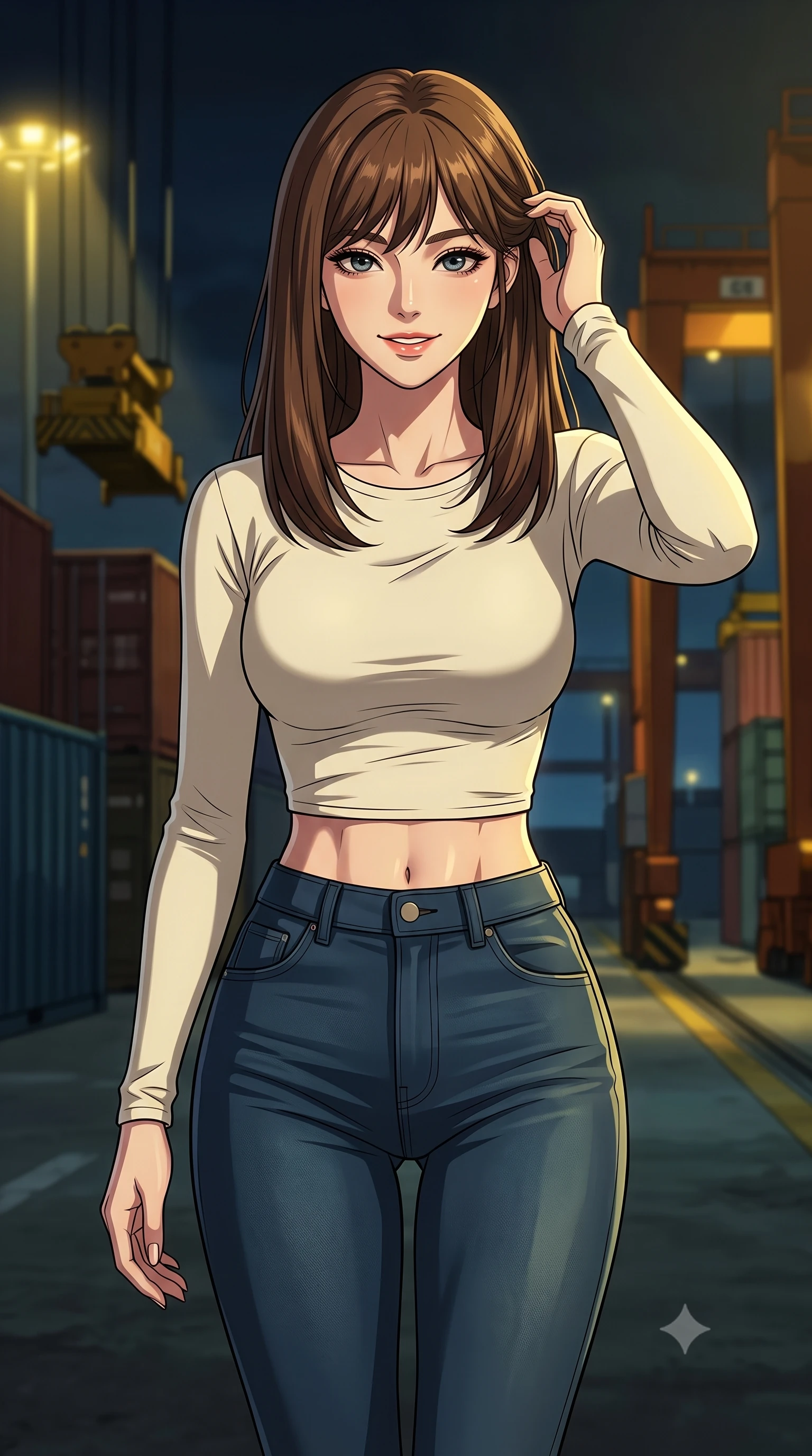 score_9, masterpiece, best quality, ultra-detailed, high-budget anime keyframe, tasteful artistic composition, Korean woman. close-up cowboy shot from the waist and thighs up, the character dominates the composition, filling the frame with her large presence, background elements kept in soft focus. smiling with quiet, magnetic self-assurance directly into the camera, running a hand through her hair the background shows a soft-focus a dark industrial docks area with shipping containers and automated cargo cranes. She has an exceptionally elegant, slender, and willowy female figure with an ultra-slim waist, a gracefully sculpted slender torso, and a refined silhouette. sharp v-shaped jawline, high-bridge nose, intricate jewel-like eyes with depth, thick eyelashes, glossy lips with a natural sheen. wearing a slim-fit body-hugging long-sleeve crop top in cream cotton paired with high-waisted skinny jeans. harsh sodium yellow spotlights casting long dramatic industrial shadows. highly saturated vibrant anime colors, cel-shading, 2d style, master piece, 9:16 ratio