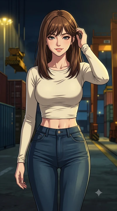 score_9, masterpiece, best quality, ultra-detailed, high-budget anime keyframe, tasteful artistic composition, Korean woman. close-up cowboy shot from the waist and thighs up, the character dominates the composition, filling the frame with her large 