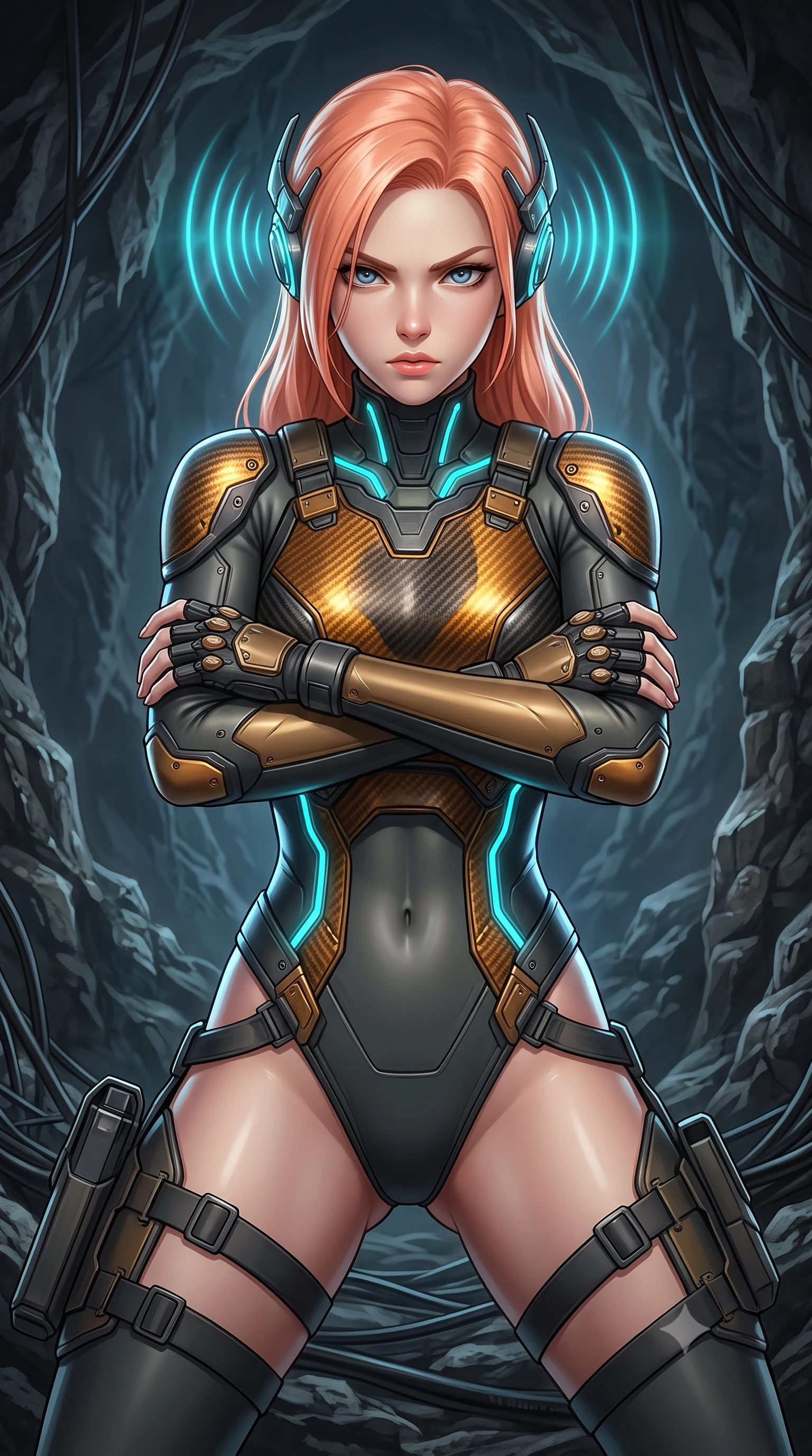 score_9, masterpiece, best quality, ultra-detailed, high-budget anime keyframe, semi-realistic 3D game render, editorial fashion photography, tasteful artistic composition, Japanese woman. close-up cowboy shot from the waist and thighs up, the character dominates the composition, filling the frame with her large presence. shifting into a low cat-stance with arms crossed defensively, glowing energy conduits tracing her ultra-slim waist and sculpted clavicle while pivoting dynamically as her cybernetic ear-sensor crown pulses with rhythmic cyan sonar waves that ripple through the gloom. The surrounding environment is rendered in vivid detail and crisp panoramic clarity. intricate knuckle shock-absorber joints, cavern stone strata, and wire bundles in high resolution. She has an exceptionally elegant, slender, and willowy female figure with an ultra-slim waist, a gracefully sculpted slender torso, toned flat midriff, and a refined slim silhouette. sharp v-shaped jawline, high-bridge nose, intricate jewel-like eyes with depth, thick eyelashes, glossy lips with a natural sheen, fierce and resolute heroine expression, flawlessly proportioned anatomical accuracy, strict slender model proportions, natural body alignment, perfectly sculpted long slender limbs, ultra-slim waistline, clean dynamic posture without body distortion. wearing a crystal-clear transparent armored riot-visor helmet showing her entire beautiful face and determined expression with pristine clarity, paired with a heavy modular carbon-fiber combat cuirass paired with a second-skin tactical leotard and reinforced titanium shoulder pauldrons in molten amber-gold carbon cuirass with dark gunmetal weave, crafted from ultra-strong woven carbon-fiber composite with battle-tested satin luster, featuring a sleek aerodynamic collar framed by subtle glowing cybernetic status LEDs, the form-contouring material adhering flawlessly to her sculpted flat midriff and slender torso, emphasizing her long leg lines and perfectly proportioned willowy build. illuminated by crisp specular highlights tracing her sculpted flat midriff, bare spine, and slender limbs. rich saturated anime colors with glowing neon highlights, detailed shading with soft gradients, rich glossy textures, high-contrast stereoscopic depth, volumetric dynamic lighting, master piece, 9:16 ratio