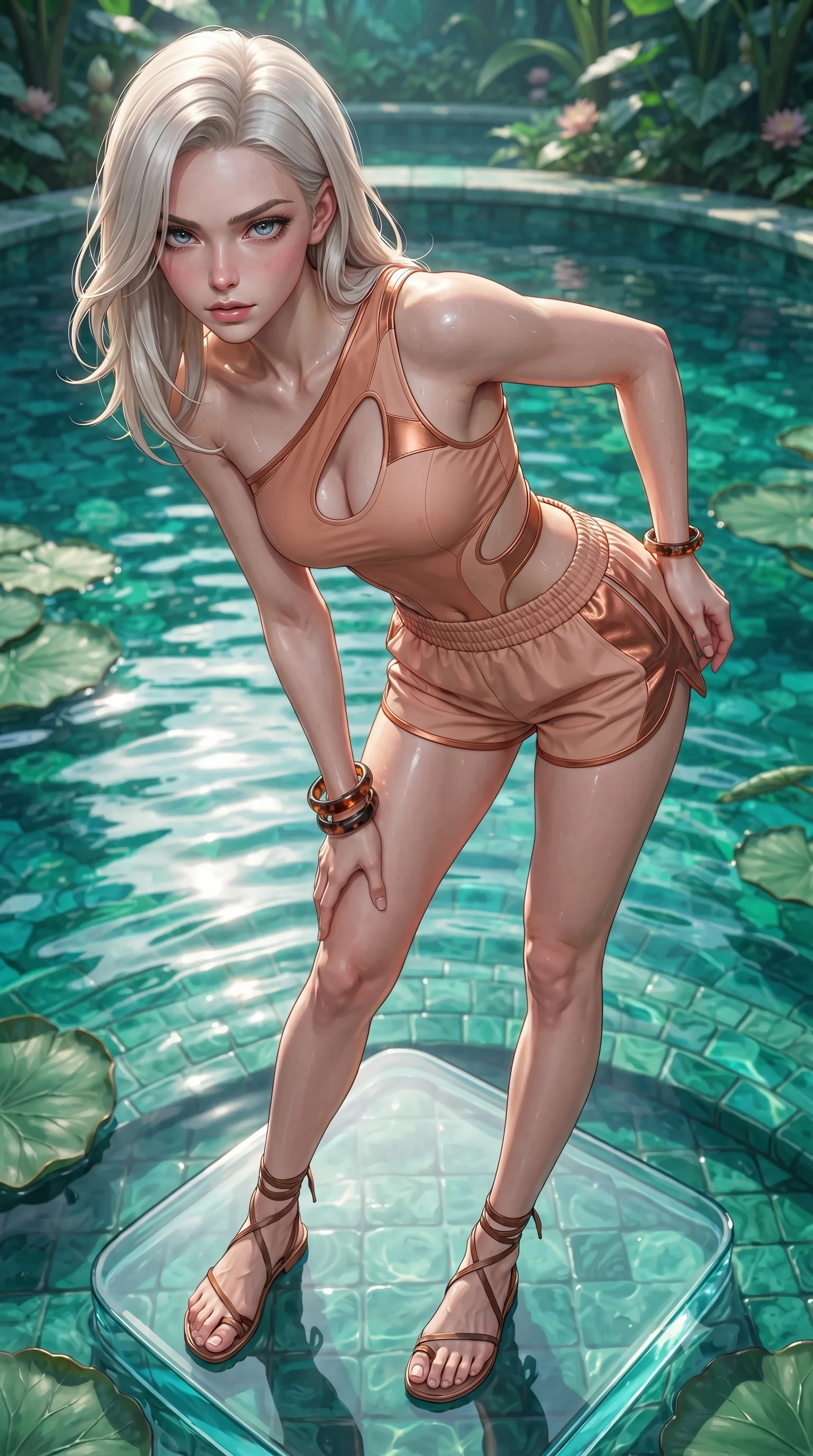 score_9, masterpiece, best quality, ultra-detailed, high-budget anime keyframe, editorial fashion photography, tasteful artistic composition, Caucasian woman. close-up cowboy shot from the waist and thighs up, the character dominates the composition, filling the frame with her large presence. leaning forward toward the camera with playful, breathtaking intimacy, eyes locked onto the viewer with irresistible charisma while standing poised on a floating glass stepping stone above the emerald biosphere, displaying her flawless slender proportions. The surrounding environment is rendered in vivid detail and crisp panoramic clarity. sharp water surface tension ripples, carved jade pool tiling, and floating lotus petal veins in deep focus. She has an exceptionally elegant, slender, and willowy female figure with an ultra-slim waist, a gracefully sculpted slender torso, toned flat midriff, and a refined slim silhouette. sharp v-shaped jawline, high-bridge nose, intricate jewel-like eyes with depth, thick eyelashes, glossy parted lips with a natural sheen, intensely captivating and seductive expression, flawlessly proportioned anatomical accuracy, strict slender model proportions, natural body alignment, perfectly sculpted long slender limbs, ultra-slim waistline, clean dynamic posture without body distortion. wearing a cut-out solarpunk asymmetrical bodysuit with organic leaf-curve side openings and athletic shorts in light terracotta and metallic copper accents, tailored from crisp structured cotton poplin with organic dye, accessorized with minimalist leather wrap sandals and tortoise shell bangles, the form-contouring material adhering flawlessly to her sculpted flat midriff and slender torso, emphasizing her long leg lines and perfectly proportioned willowy build. illuminated by wet specular highlights accentuating her collarbones, waistline, and slender curves. ultra-reflective glossy finish, specular highlights, rich textural contrasts, high-contrast stereoscopic depth, volumetric dynamic lighting, 2k, ultra detail, master piece, 9:16 ratio