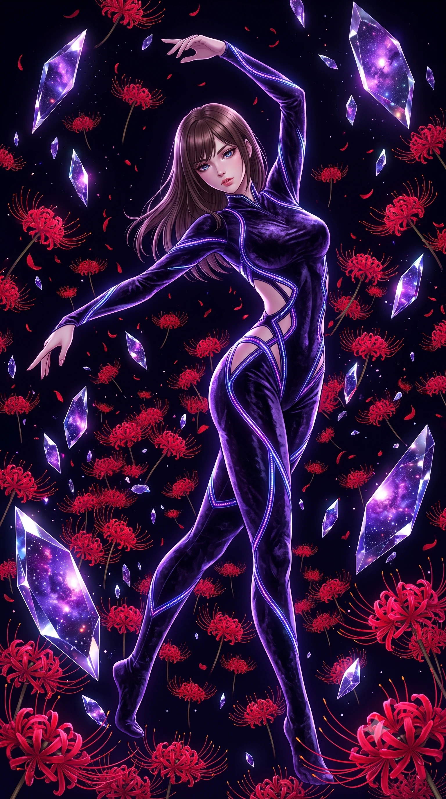 score_9, masterpiece, best quality, ultra-detailed, High-budget Anime Keyframe, East Asian woman. Dynamic full-body shot stretching the vertical silhouette to the limit. Scenario 262: dancing amidst falling red spider lilies inside a dark void filled with floating crystal shards reflecting purple nebulae. Her presence is magnetic and overpowering in this high-budget anime scene. Outfit 262: a slim-fit crushed dark velvet second with a strategic side cut-outs and glowing LED seams. The clothing is designed to emphasize her exceptionally tall and slender 8-heads proportion. 8-heads proportion, towering silhouette, ultra-slim waist. sharp v-shaped jawline, intricate jewel-like eyes with depth, thick eyelashes, glossy lips. 2k, ultra detail, master piece, 9:16 ratio