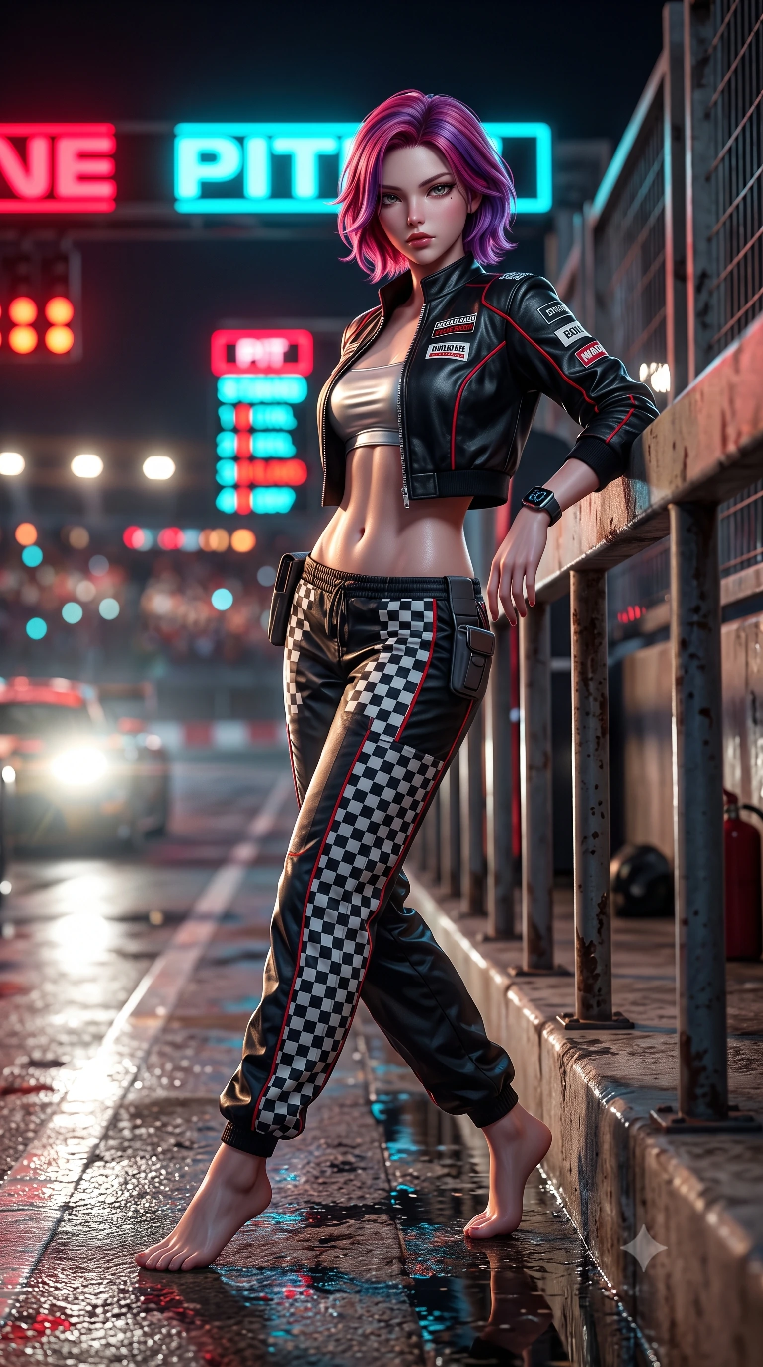 score_9, masterpiece, best quality, ultra-detailed, high-budget anime keyframe, semi-realistic 3D game render, editorial fashion photography, tasteful artistic composition, Caucasian woman. low angle full-body shot from head to toe showing her feet, filling the entire 9:16 vertical frame with her statuesque presence, stretching her vertical silhouette. leaning deep against the structural architecture with hips cocked in an unapologetically bold, seductive high-fashion stance while striding dynamically along the wet pitlane pavement as incoming headlights cast long, cinematic specular reflections. The composition keeps background elements in soft focus with creamy bokeh. flashing neon pitlane status boards and distant crowd stadium lights blurred into blazing crimson, electric cyan, and amber bokeh. She has an absolutely perfect, statuesque 8.5-heads proportion, an exceptionally tall and slender model-like female figure with impossibly long slender legs, a toned flat midriff, and an ultra-slim waist. sharp v-shaped jawline, high-bridge nose, intricate jewel-like eyes with depth, thick eyelashes, glossy parted lips with a natural sheen, intensely captivating and seductive expression, flawlessly proportioned anatomical accuracy, strict slender model proportions, natural body alignment, perfectly sculpted long slender limbs, ultra-slim waistline, clean dynamic posture without body distortion. wearing a cropped leather racing jacket unzipped over a reflective silver bandeau top and low-rise carbon track pants in monochrome checkerboard black and white with red accents, made of durable ripstop technical nylon with metallic zipper teeth, equipped with a low-slung utility holster and racing telemetry smartwatch, the liquid-tight tailored fabric emphasizing every curve of her tall, slender model proportions and sculptured silhouette. illuminated by wet specular asphalt bounce lights sculpting her toned midriff, slender waist, and long legs. highly saturated vibrant anime colors, detailed shading with soft gradients, rich glossy textures, high-contrast stereoscopic depth, volumetric dynamic lighting, master piece, 9:16 ratio