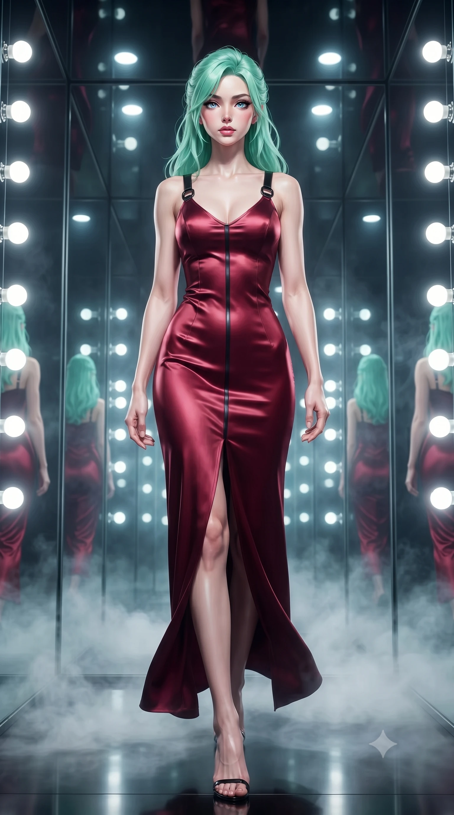 score_9, masterpiece, best quality, ultra-detailed, high-budget anime keyframe, editorial fashion photography, tasteful artistic composition, Japanese woman. low angle full-body shot from head to toe showing her feet, filling the entire 9:16 vertical frame with her statuesque presence, stretching her vertical silhouette. forging confidently through the floating mist, holding a poised statuesque stance, standing inside an infinity mirror dressing room lined with bright daylight vanity lights, magnetic runway model aura with supreme visual command. She has an absolutely perfect, statuesque 8.5-heads proportion, an exceptionally tall and slender model-like female figure with impossibly long slender legs and an ultra-slim waist. sharp v-shaped jawline, high-bridge nose, intricate jewel-like eyes with depth, thick eyelashes, glossy lips with a natural sheen. wearing form-contouring dark crimson liquid silk long slip dress in pearl white, made of soft crimson satin, adorned with minimalist black onyx hardware framing the silhouette, contouring every curve with an exceptionally elegant silhouette. lit by piercing key light highlighting her statuesque physical features. highly saturated vibrant anime colors, detailed shading with soft gradients, rich glossy textures, high-contrast stereoscopic depth, volumetric dynamic lighting, master piece, 9:16 ratio