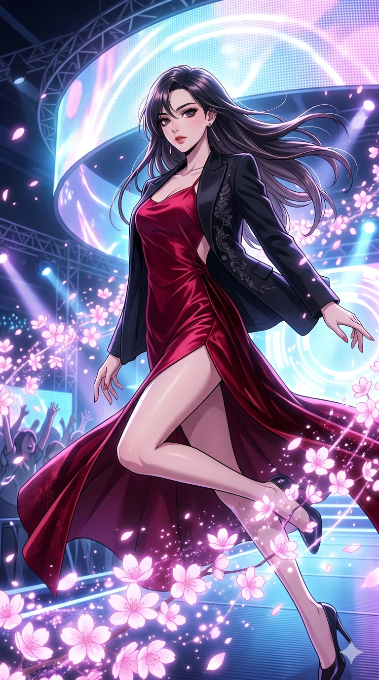 score_9, masterpiece, best quality, ultra-detailed, High-budget Anime Keyframe, beautiful Japanese anime girl. Upper body close-up from the thighs up, character filling the screen for maximum presence. Leaping through a shower of holographic cherry blossoms on a futuristic concert stage. She has an absolutely perfect 8-heads proportion, an exceptionally tall and slender female figure with impossibly long slender legs and an ultra-slim waist. Sharp v-shaped jawline, high-bridge nose, intricate jewel-like eyes with depth, thick eyelashes, glossy lips with a natural sheen. Wearing a High-Fashion Editorial outfit: ruby silk slip dress with high side slit, backless velvet gown, structured blazer with nothing underneath. Background is a bright and colorful environment with cinematic lighting, dynamic particle effects, and high-contrast shadows. 2k, ultra detail, master piece, 9:16 ratio