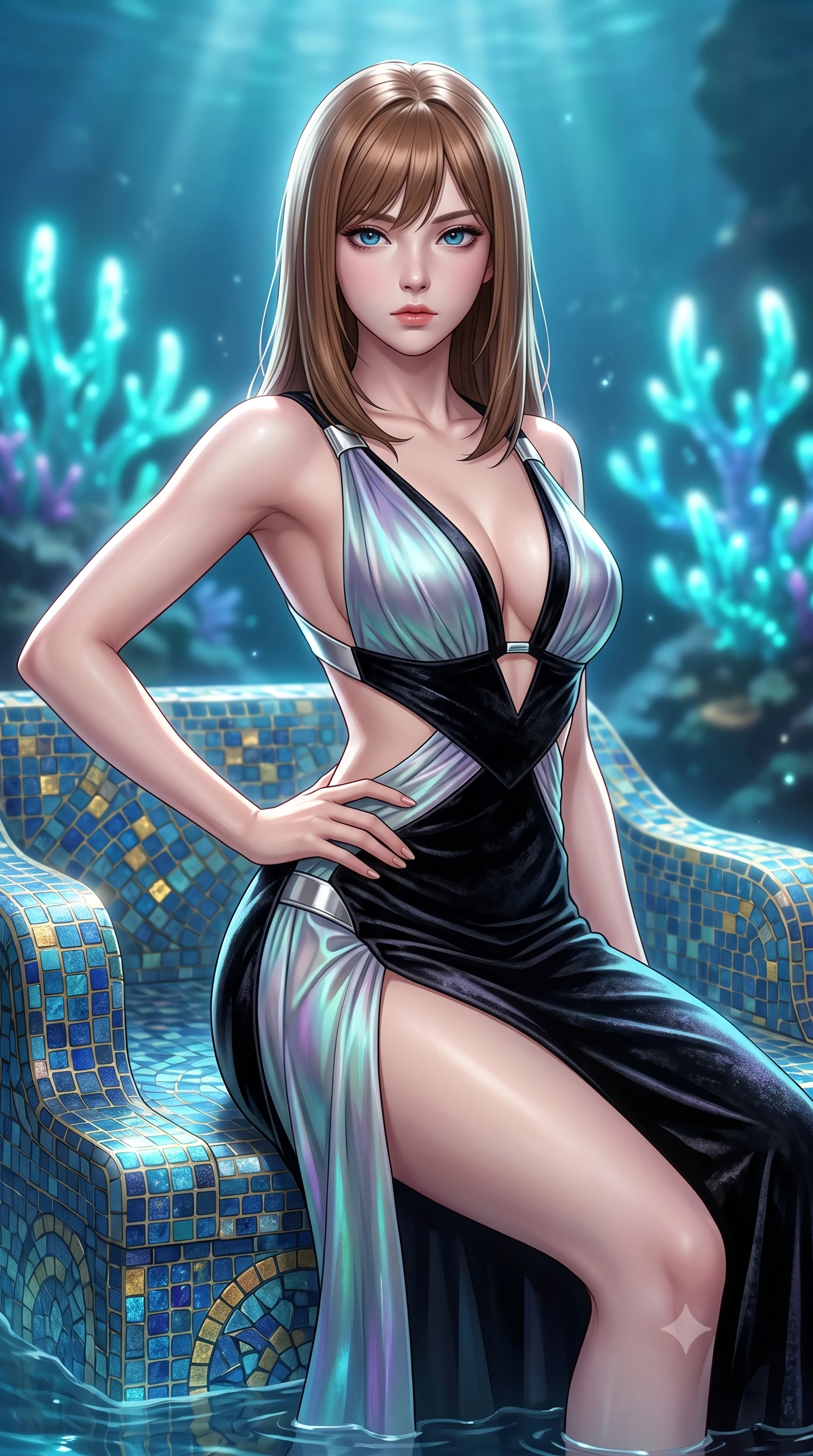 score_9, masterpiece, best quality, ultra-detailed, high-budget anime keyframe, editorial fashion photography, tasteful artistic composition, Korean woman. close-up cowboy shot from the waist and thighs up, the character dominates the composition, filling the frame with her large presence, background elements kept in soft focus. Holding a powerful dynamic pose with one hand on her hip and body angled dramatically toward the key light while pivoting her torso in a fluid S-curve alignment over a submerged mosaic marble throne, glowing aqua coral spires emitting pulsing luminescence in the background. She has an exceptionally elegant, slender, and willowy female figure with an ultra-slim waist, a gracefully sculpted slender torso, and a refined silhouette. sharp v-shaped jawline, high-bridge nose, intricate jewel-like eyes with depth, thick eyelashes, glossy lips with a natural sheen, flawlessly proportioned anatomical accuracy, natural body alignment, perfectly sculpted elegant limbs, clean dynamic posture without body distortion. wearing a backless crushed velvet gown with a deep V-neckline and high thigh slit in matte black and polished silver, crafted from iridescent chiffon that shifts colors in the light, featuring subtle geometric cutouts that highlight her ultra-slim midriff, the elegant draped fit framing her graceful clavicle and slender torso. surrounded by a shimmering ocean aura with bright pearl-white specular rim lights. highly saturated vibrant anime colors, detailed shading with soft gradients, rich glossy textures, high-contrast stereoscopic depth, volumetric dynamic lighting, master piece, 9:16 ratio