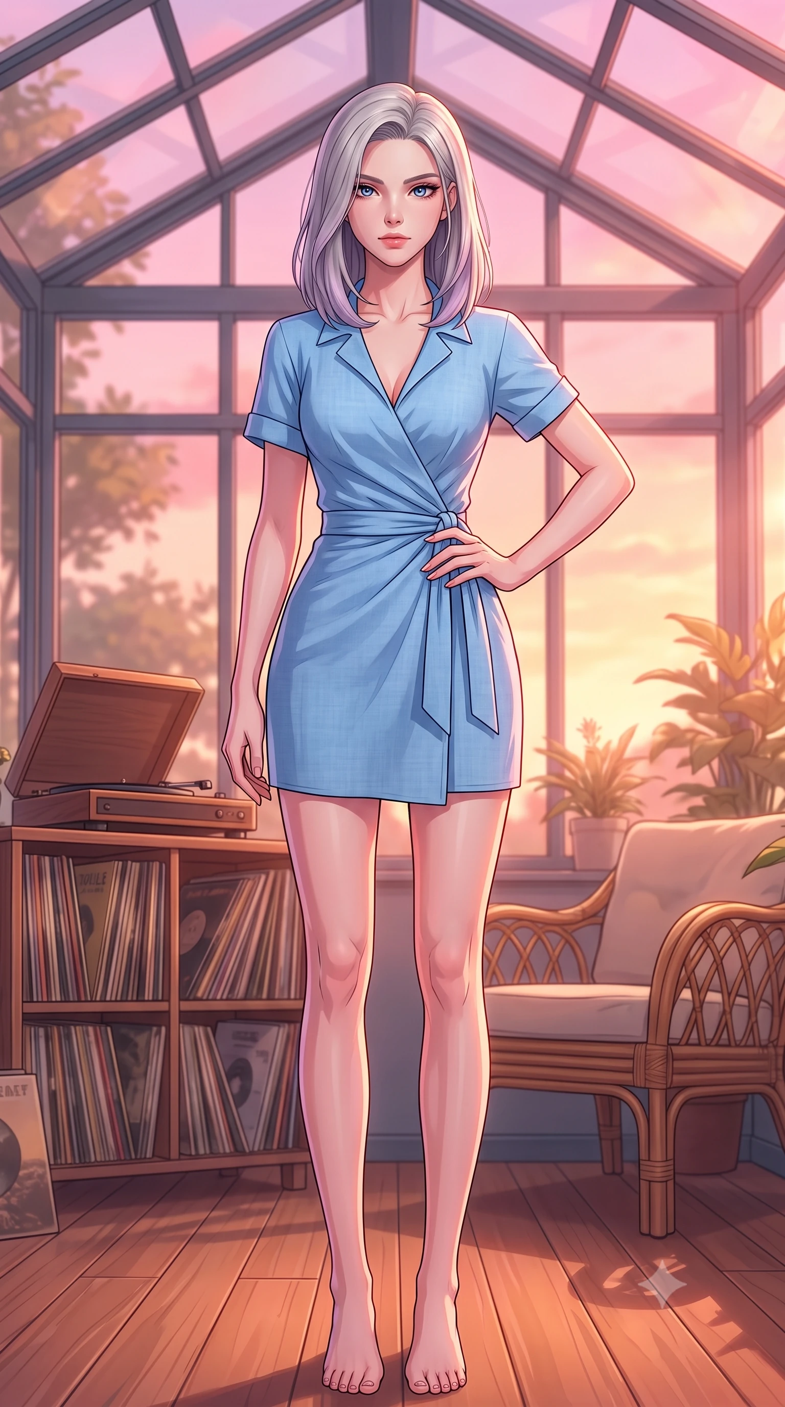 score_9, masterpiece, best quality, ultra-detailed, high-budget anime keyframe, tasteful artistic composition, Caucasian woman. low angle full-body shot from head to toe showing her feet, filling the entire 9:16 vertical frame with her statuesque presence, stretching her vertical silhouette. posing confidently with one hand on her hip, stretching her statuesque body to emphasize her curves the background shows a soft-focus a glass-walled sunroom filled with vintage records and comfortable rattan chairs. She has an absolutely perfect, statuesque 8.5-heads proportion, an exceptionally tall and slender model-like female figure with impossibly long slender legs and an ultra-slim waist. sharp v-shaped jawline, high-bridge nose, intricate jewel-like eyes with depth, thick eyelashes, glossy lips with a natural sheen. wearing a body-hugging classic linen wrap shirt dress in sky blue with a structured collar and waist tie. soft pink and amber sunset glow painting the room in a romantic wash. highly saturated vibrant anime colors, cel-shading, 2d style, master piece, 9:16 ratio
