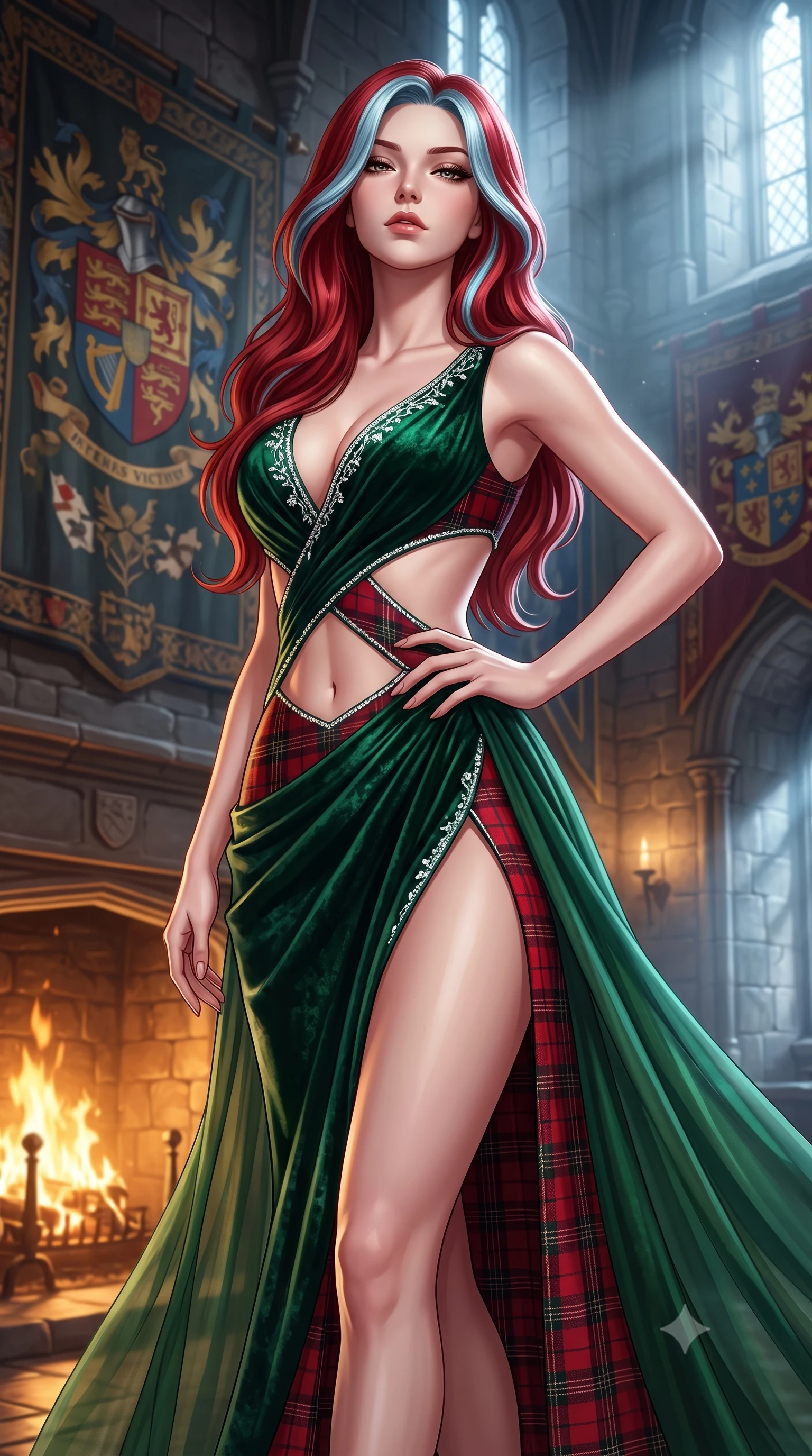 score_9, masterpiece, best quality, ultra-detailed, high-budget anime keyframe, semi-realistic 3D game render, editorial fashion photography, tasteful artistic composition, Caucasian woman. close-up cowboy shot from the waist and thighs up, the character dominates the composition, filling the frame with her large presence. tilting her chin up with proud, sovereign allure while gazing through thick eyelashes, one hand resting on her waist in pure supermodel charisma while standing poised between towering medieval armorial tapestries, twisting her slender torso in a deep contrapposto stance with smoldering bedroom-eyes. The surrounding environment is rendered in vivid detail and crisp panoramic clarity. rich high-contrast Scottish heritage chiaroscuro and atmospheric ancient fortress romance rendered with precision. She has an exceptionally elegant, slender, and willowy female figure with an ultra-slim waist, flat toned midriff, narrow ribcage, and sculpted feminine hips creating an alluring, slim hourglass silhouette without bulk. sharp v-shaped jawline, high-bridge nose, intricate jewel-like eyes with depth, thick eyelashes, glossy parted lips with a natural sheen, intensely captivating and seductive bedroom-eyes expression, flawlessly proportioned anatomical accuracy, strict slender model proportions, natural body alignment, perfectly sculpted long slender limbs, ultra-slim waistline, clean dynamic posture without body distortion. wearing a tailored tartan-wool and crushed-velvet corseted gala gown with an architectural open-waist cutout and high-cut thigh slit in deep emerald green velvet and royal tartan crimson, woven from layered gossamer chiffon with a weightless sweeping drape, finished with delicate crystal frost embroidery tracing the plunging neckline, the form-contouring material adhering flawlessly to her sculpted flat midriff and slender torso, emphasizing her long leg lines and perfectly proportioned willowy build. bathed in roaring stone hearth firelight from below and cool misty daylight streaming from towering castle windows. highly saturated vibrant anime colors, detailed shading with soft gradients, rich glossy textures, high-contrast stereoscopic depth, volumetric dynamic lighting, master piece, 9:16 ratio