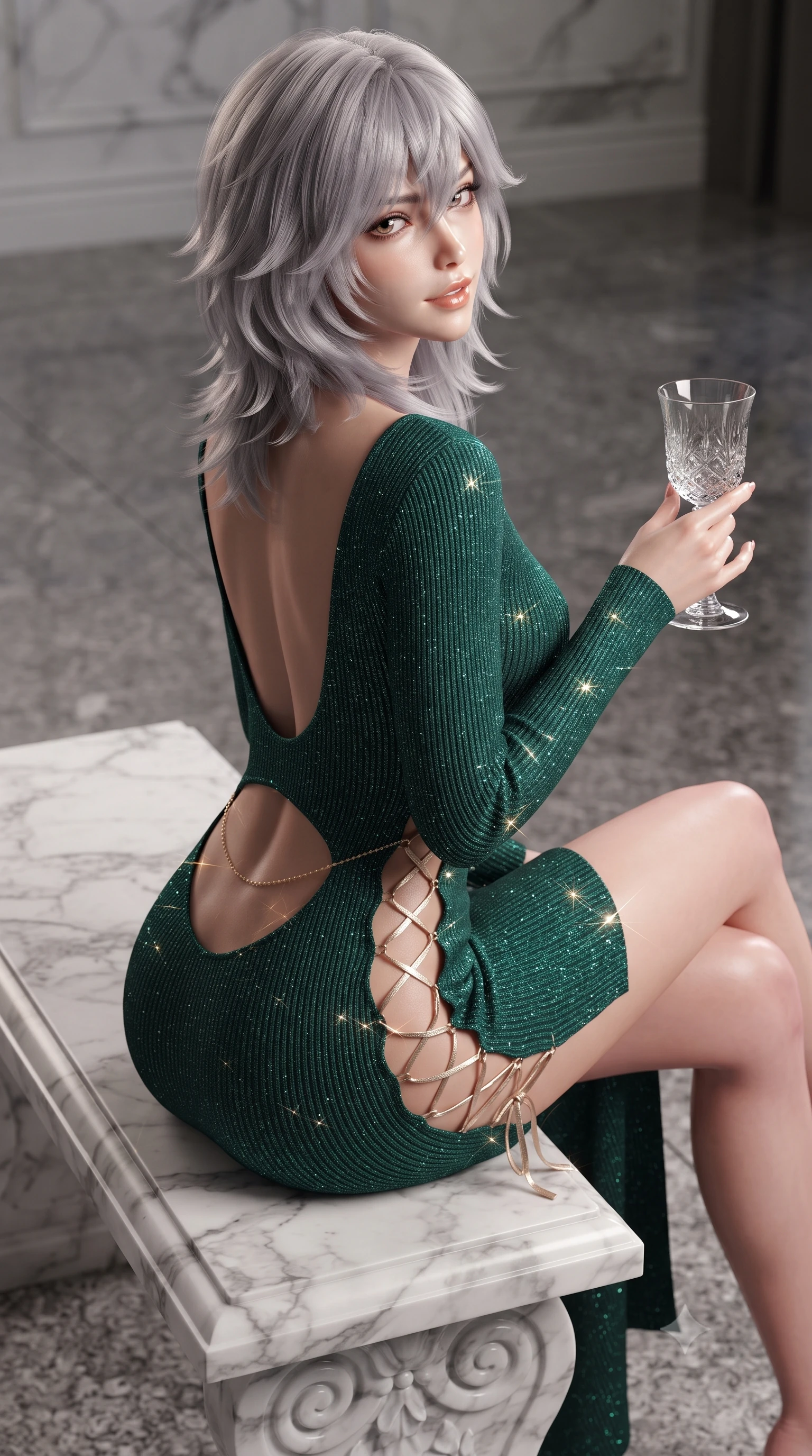score_9, masterpiece, best quality, ultra-detailed, high-budget anime keyframe, editorial fashion photography, tasteful artistic composition, Japanese woman. close-up cowboy shot from the waist and thighs up, the character dominates the composition, filling the frame with her large presence. posing in an alluring rear three-quarter angle, looking over a bare shoulder with parted glossy lips, her hips cocked back to highlight her slim hourglass curve while sitting gracefully on the carved marble bench with legs crossed, holding an antique wine glass with effortless aristocratic allure. The surrounding environment is rendered in vivid detail and crisp panoramic clarity: sharp grey veins in white Carrara marble, polished granite floor reflections, and wine glass clarity in deep focus. She has an exceptionally elegant, slender, and willowy female figure with an ultra-slim waist, flat toned midriff, narrow ribcage, and sculpted feminine hips creating an alluring, slim hourglass silhouette without bulk. sharp v-shaped jawline, high-bridge nose, sparkling eyes with hypnotic seductive depth, thick curled eyelashes, glossy parted lips with a natural dewy peach sheen, alluring bedroom-eyes with an enchanting coquettish smile, exuding magnetic siren charisma and sophisticated glamour, flawlessly proportioned anatomical accuracy, strict slender model proportions, natural body alignment, perfectly sculpted long slender limbs, ultra-slim waistline, clean dynamic posture without body distortion. wearing a plunging V-neck fine rib-knit sweater dress with daring side-lace openings tracing her hip curve in Monaco casino emerald and royal champagne, woven from stretch metallic lurex jersey casting radiant starlight glints across her silhouette, accented with a dainty gold belly chain resting across her flat midriff and curving hips, the precision-cut side openings and low-back scoop framing her graceful spine and the sensual sweep of her slim, toned hips. illuminated by polished marble floor specular bounce and sharp platinum rim lights sculpting her razor-sharp jawline, narrow waist, and curvy hips. ultra-reflective glossy finish, specular highlights, rich textural contrasts, high-contrast stereoscopic depth, volumetric dynamic lighting, 2k, ultra detail, master piece, 9:16 ratio