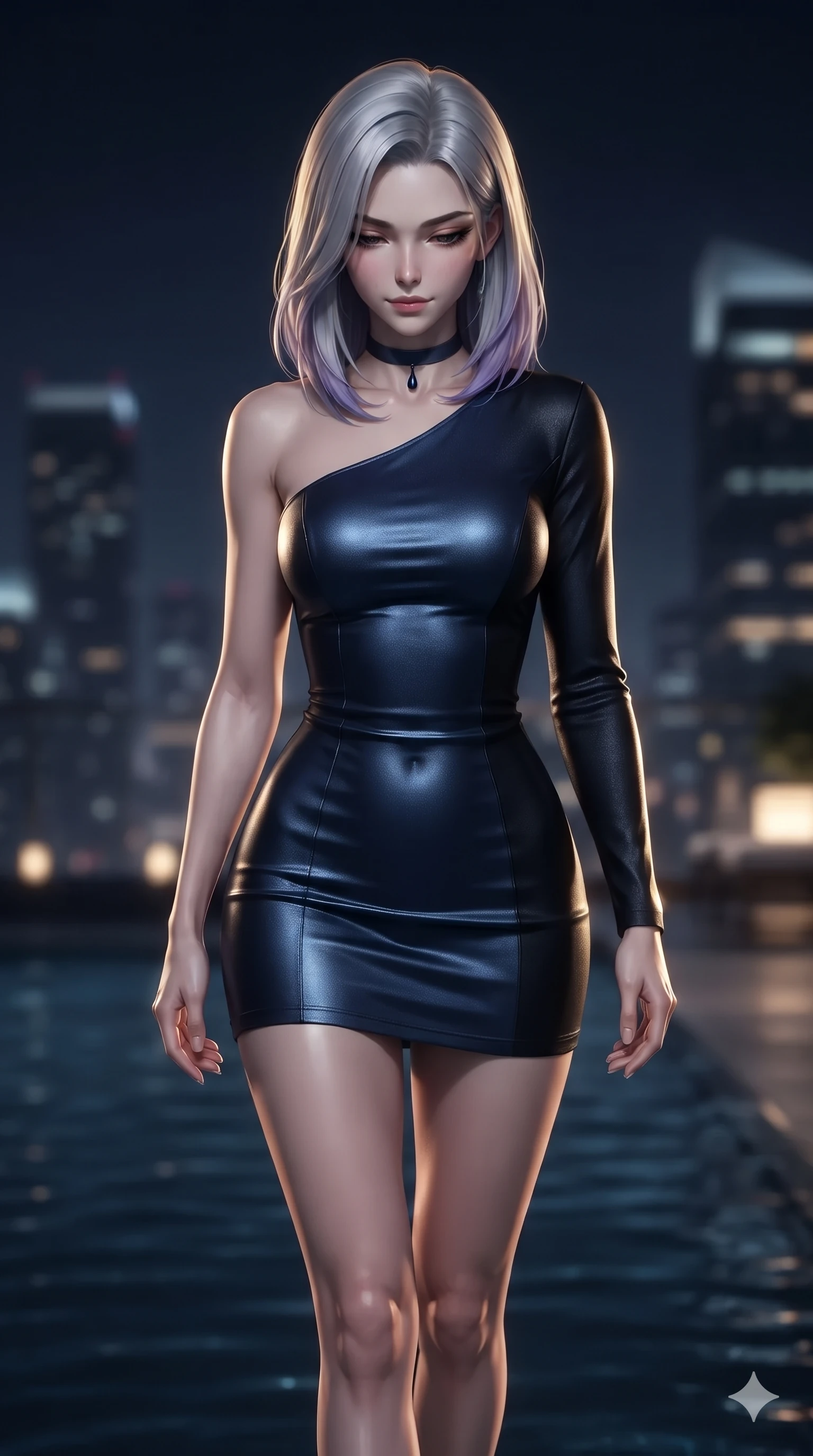 score_9, masterpiece, best quality, ultra-detailed, high-budget anime keyframe, editorial fashion photography, tasteful artistic composition, Caucasian woman. close-up cowboy shot from the waist and thighs up, the character dominates the composition, filling the frame with her large presence. looking down with lowered lashes and a composed, powerful dark aura, her tailored outfit tracing her curves while walking slowly along the mirror-smooth pool perimeter with feline poise, her long slender legs and curvy hips commanding the midnight skyline. The background shows a soft-focus exclusive penthouse rooftop pool softened in metropolitan nocturnal shallow focus. She has an exceptionally elegant, slender, and willowy female figure with an ultra-slim waist, flat toned midriff, narrow ribcage, and sculpted feminine hips creating an alluring, slim hourglass silhouette without bulk. sharp v-shaped jawline, high-bridge nose, intricate jewel-like dark sparkling eyes with hypnotic seductive depth, thick curled eyelashes, glossy parted lips with a natural wine sheen, alluring bedroom-eyes with an enigmatic smoldering smile, exuding magnetic sovereign charisma and dark avant-garde glamour, flawlessly proportioned anatomical accuracy, strict slender model proportions, natural body alignment, perfectly sculpted long slender limbs, ultra-slim waistline, clean dynamic posture without body distortion. wearing an asymmetric one-shoulder liquid mercury metallic mini dress hugging her narrow waist and curvy hips in midnight navy blue and smoky pitch black, woven from bespoke high-density barathea wool with refined ceremonial hold, finished with a minimalist dark choker and a single teardrop pendant, the glove-like silhouette tightly following the natural contour of her hips and long slender legs with youthful 8.5-heads elegance. illuminated by dark pool water surface bounce and sharp golden-sapphire rim lights sculpting her razor-sharp jawline, narrow waist, and curvy hips. ultra-reflective glossy finish, specular highlights, metallic sheen, high-contrast stereoscopic depth, volumetric dynamic lighting, 2k, ultra detail, master piece, 9:16 ratio