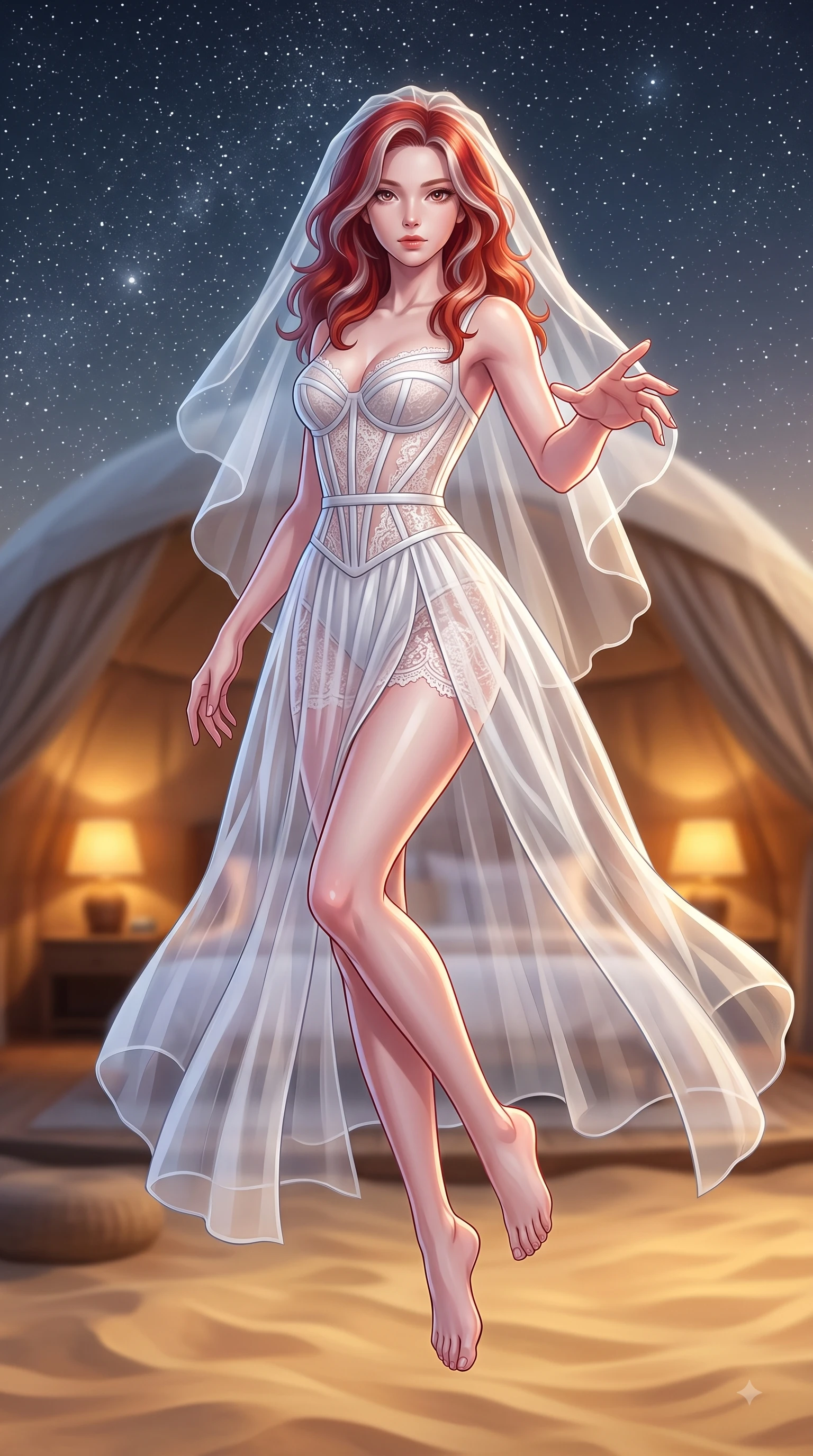 score_9, masterpiece, best quality, ultra-detailed, high-budget anime keyframe, editorial fashion photography, tasteful artistic composition, Caucasian woman woman. low angle full-body shot from head to toe showing her feet, filling the entire 9:16 vertical frame with her statuesque presence, stretching her vertical silhouette. She has an absolutely perfect, statuesque 8.5-heads proportion, an exceptionally tall and slender model-like female figure with impossibly long slender legs and an ultra-slim waist. floating dynamically in zero-gravity with flawless poise, reaching her hand forward gracefully, flawlessly proportioned anatomical accuracy, natural body alignment, perfectly sculpted elegant limbs, clean dynamic posture without body distortion. set against a soft-focus background of a luxury eco-dome suite in a golden sand desert under stars. wearing a translucent white organdy veil dress with an architectural structured corset and lace panels. bathed in cool silver starlight contrasting with warm interior amber reading lamps. highly saturated vibrant anime colors, detailed shading with soft gradients, rich glossy textures, high-contrast stereoscopic depth, volumetric dynamic lighting, master piece, 9:16 ratio