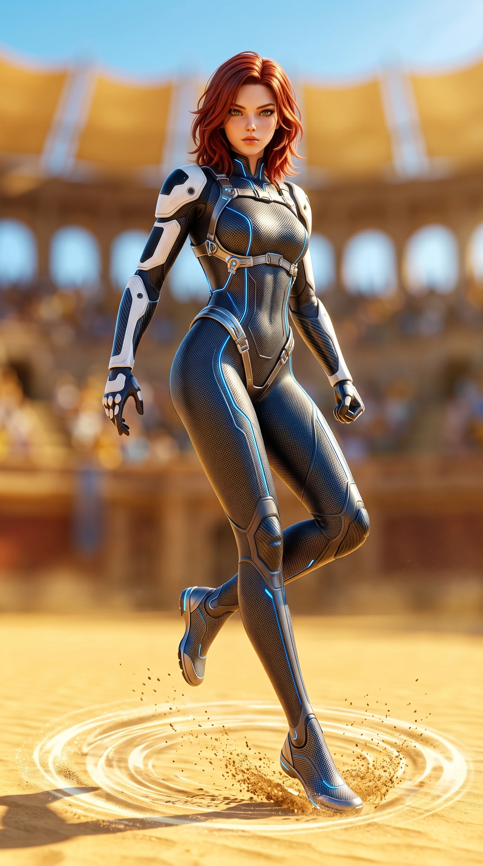 score_9, masterpiece, best quality, ultra-detailed, high-budget anime keyframe, semi-realistic 3D game render, editorial fashion photography, tasteful artistic composition, Korean woman. low angle full-body shot from head to toe showing her feet, filling the entire 9:16 vertical frame with her statuesque presence, stretching her vertical silhouette. striding forward with sovereign warrior elegance in a low, predatory combat advance, hips swaying with fierce athletic poise from head to toe while pivoting dynamically as her heel strikes the arena ground, sending a shockwave ripple through the sunlit golden sand. The composition keeps background elements in soft focus with creamy bokeh. holographic colosseum spectator galleries and swirling sand dust blurred into rich golden amber and sky-blue bokeh. She has an absolutely perfect, statuesque 8.5-heads proportion, an exceptionally tall and slender model-like female figure with impossibly long slender legs, a toned flat midriff, and an ultra-slim waist. sharp v-shaped jawline, high-bridge nose, intricate jewel-like eyes with depth, thick eyelashes, glossy lips with a natural sheen, flawlessly proportioned anatomical accuracy, strict slender model proportions, natural body alignment, perfectly sculpted long slender limbs, ultra-slim waistline, clean dynamic posture without body distortion. wearing an aerodynamic dark titanium carbon-mesh jumper with glowing blue fiber lines and reinforced Damascus-pattern arm guards in monochrome white enamel carbon with high-contrast black panels, made of lightweight aerodynamic carbon-titanium alloy with polished edge bevels, reinforced by a sleek titanium kinetic harness and glowing micro-energy straps, the glove-like aerodynamic second-skin fit tightly clinging to her ultra-slender waist and athletic curves without adding bulk, accentuating her razor-sharp statuesque lines and slim hourglass silhouette. bathed in brilliant midday desert sunshine and warm golden sand surface reflections. rich saturated anime colors with glowing neon highlights, detailed shading with soft gradients, rich glossy textures, high-contrast stereoscopic depth, volumetric dynamic lighting, master piece, 9:16 ratio