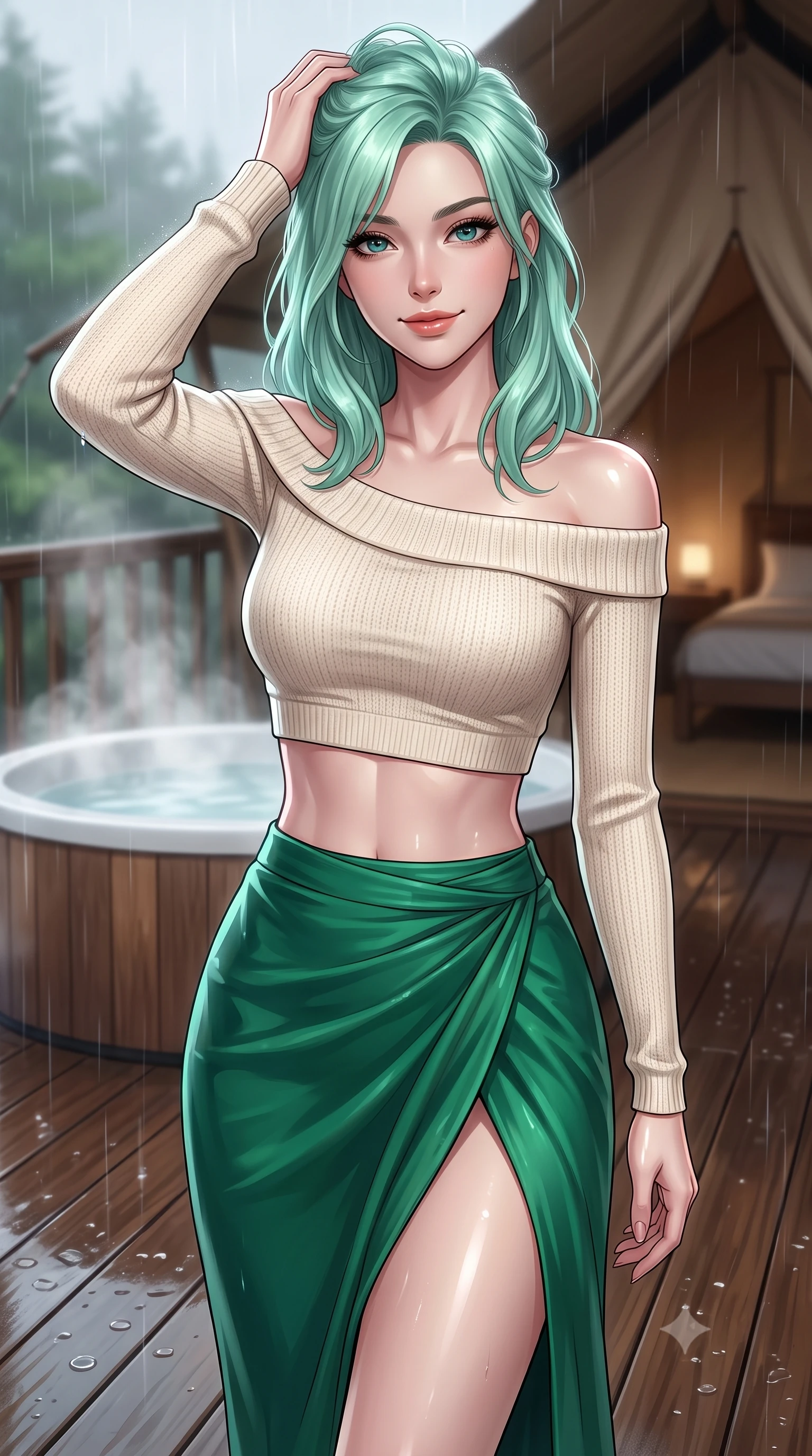 score_9, masterpiece, best quality, ultra-detailed, high-budget anime keyframe, editorial fashion photography, tasteful artistic composition, Japanese woman. close-up cowboy shot from the waist and thighs up, the character dominates the composition, filling the frame with her large presence, background elements kept in soft focus. smiling with quiet, magnetic self-assurance directly into the camera, running a hand through her hair the background shows a soft-focus a glamping tent balcony during a light rain, with steam rising from a hot tub. She has an exceptionally elegant, slender, and willowy female figure with an ultra-slim waist, a gracefully sculpted slender torso, and a refined silhouette. sharp v-shaped jawline, high-bridge nose, intricate jewel-like eyes with depth, thick eyelashes, glossy lips with a natural sheen. wearing a slim-fit cropped off-shoulder knit top in cream paired with a high-slit wrap skirt in emerald green. shifting light reflections from the wet wood deck and steam onto her form. ultra-reflective glossy finish, specular highlights, metallic sheen, high-contrast stereoscopic depth, volumetric dynamic lighting, 2k, ultra detail, master piece, 9:16 ratio