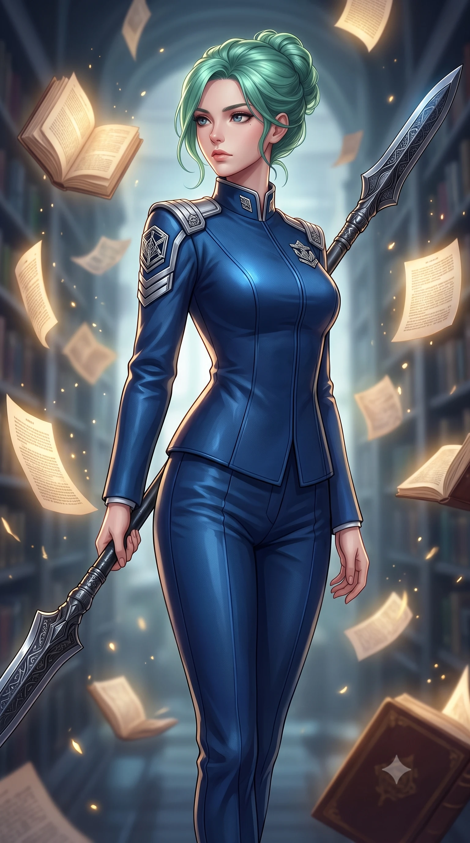 score_9, masterpiece, best quality, ultra-detailed, high-budget anime keyframe, editorial fashion photography, tasteful artistic composition, Japanese woman. close-up cowboy shot from the waist and thighs up, the character dominates the composition, filling the frame with her large presence, background elements kept in soft focus. holding a deactivated nanotech glaive, looking past the camera with quiet, sharp focus and a composed expression, the background shows a soft-focus a gravity-defying library with pages of lost cyber-histories drifting like ash. She has an exceptionally elegant, slender, and willowy female figure with an ultra-slim waist, a gracefully sculpted slender torso, and a refined silhouette. sharp v-shaped jawline, high-bridge nose, intricate jewel-like eyes with depth, thick eyelashes, glossy lips with a natural sheen. wearing a tailored modern high-collar space marine dress uniform in deep blue wool, featuring structured silver shoulder ranks. soft gold inner glow radiating from floating parchment and decaying books. highly saturated vibrant anime colors, detailed shading with soft gradients, rich glossy textures, high-contrast stereoscopic depth, volumetric dynamic lighting, master piece, 9:16 ratio
