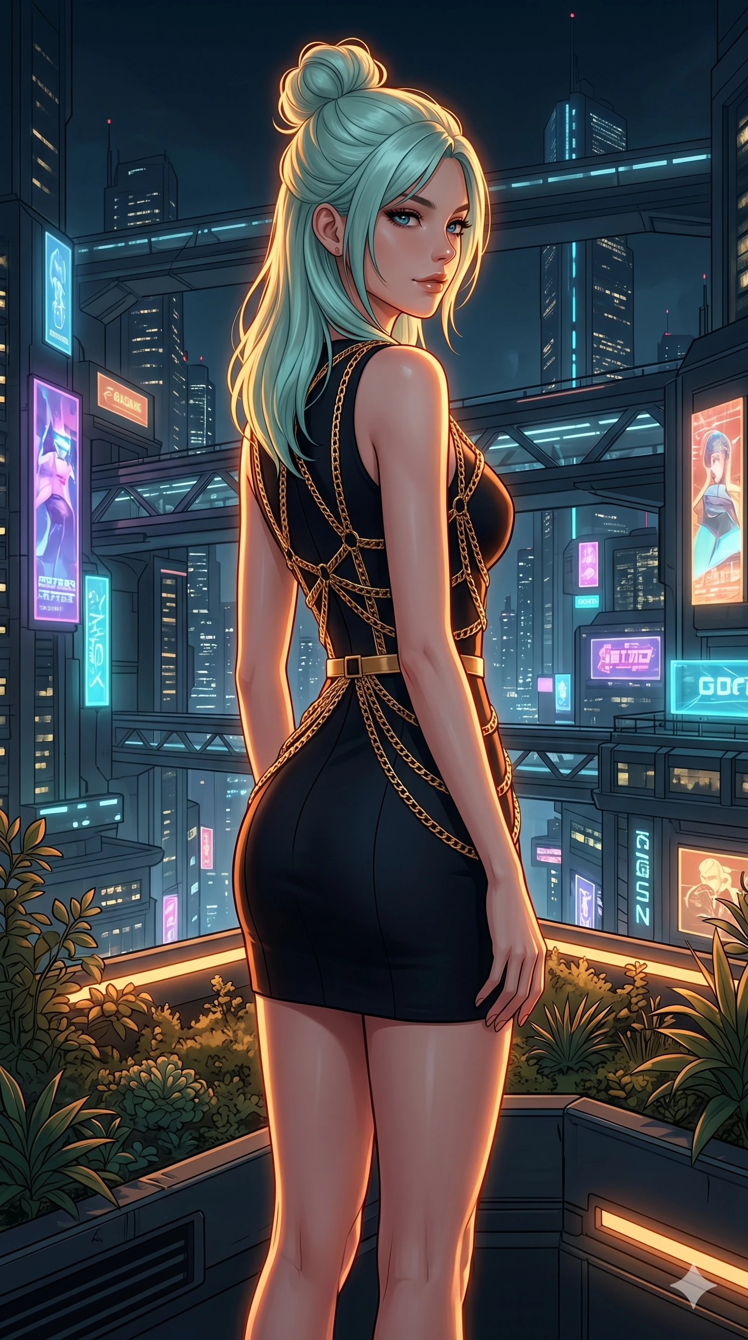 score_9, masterpiece, best quality, ultra-detailed, high-budget anime keyframe, editorial fashion photography, tasteful artistic composition, Japanese woman. cowboy shot from the thighs up, character and outfit filling the frame for maximum editorial presence. Glancing sidelong over her shoulder with a smoldering half-smile at the edge of a futuristic rooftop garden overlooking a neon-drenched megalopolis at night. She has an absolutely perfect 8-heads proportion, an exceptionally tall and slender female figure with impossibly long slender legs and an ultra-slim waist. V-shaped jawline, high-bridge nose, intricate jewel-like eyes with depth, thick eyelashes, glossy lips with a natural sheen. wearing a precision-fitted structured mini dress in deep black scuba layered with an architectural gold chain harness at the torso creating a bold statement of geometric lines across the fitted dress. drenched in warm amber cinematic rim lighting that traces every contour of her silhouette against a dark background. 2k, ultra detail, master piece, 9:16 ratio