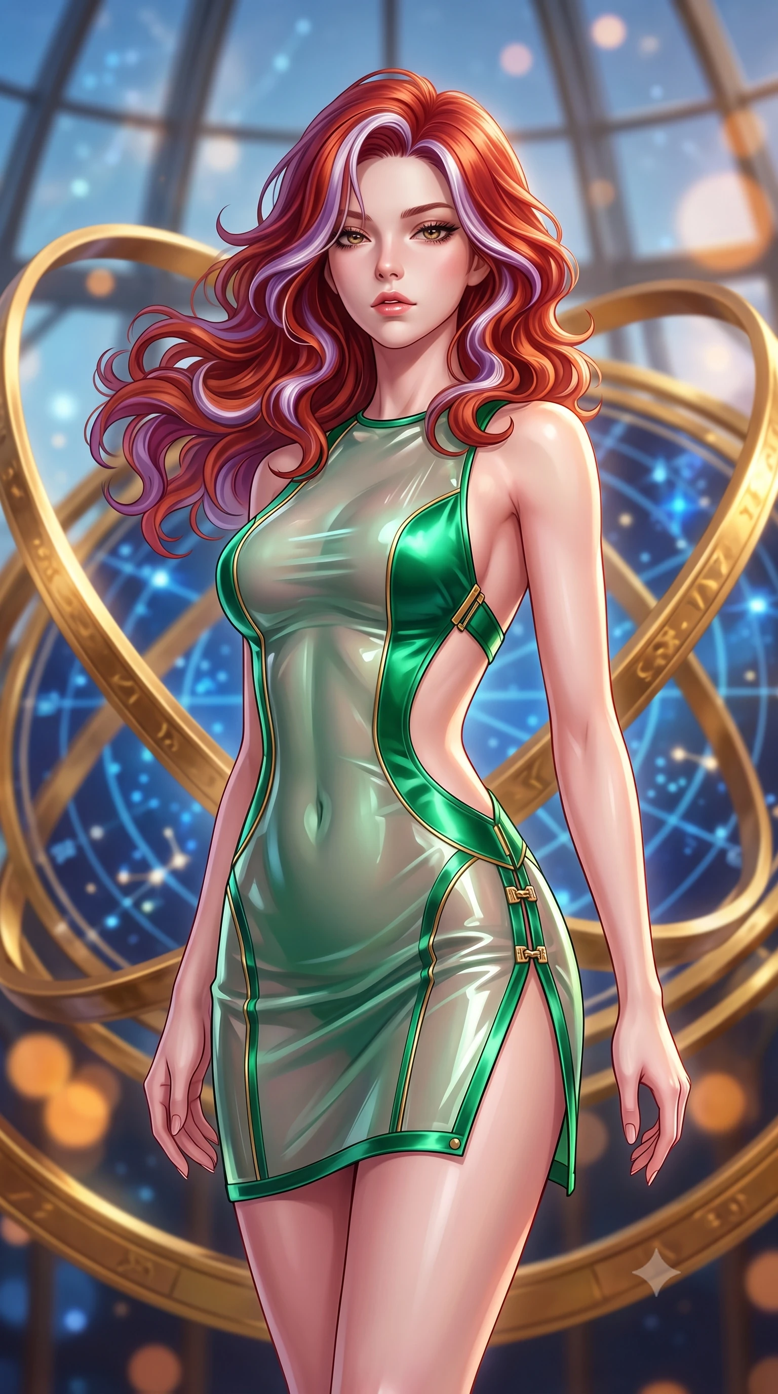score_9, masterpiece, best quality, ultra-detailed, high-budget anime keyframe, semi-realistic 3D game render, editorial fashion photography, tasteful artistic composition, Caucasian woman. close-up cowboy shot from the waist and thighs up, the character dominates the composition, filling the frame with her large presence. casting a slow, smoldering gaze beneath heavy lashes with parted glossy lips, her head slightly tilted in captivating self-assurance while standing gracefully in the center of a grand glass observatory as giant interlocking golden astrolabe rings rotate around her. The composition keeps background elements in soft focus with creamy bokeh. rotating golden astrolabe rings and glowing blue star charts blurred into rich amber and sapphire bokeh. She has an exceptionally elegant, slender, and willowy female figure with an ultra-slim waist, a gracefully sculpted slender torso, toned flat midriff, and a refined slim silhouette. sharp v-shaped jawline, high-bridge nose, intricate jewel-like eyes with depth, thick eyelashes, glossy lips with a natural sheen, flawlessly proportioned anatomical accuracy, strict slender model proportions, natural body alignment, perfectly sculpted long slender limbs, ultra-slim waistline, clean dynamic posture without body distortion. wearing a second-skin fashion-latex mini dress with a clean architectural front, featuring an open-back design that wraps around the sides of her waist, showcasing her slender silhouette in bright emerald green satin and gold hardware, tailored from semi-translucent cybernetic vinyl with glowing micro-filaments, finished with an ultra-high side slit secured by miniature magnetic clasps, the liquid-tight tailored fabric emphasizing every curve of her tall, slender model proportions and sculptured silhouette during dynamic movement. surrounded by an intellectual, noble, and enchantingly seductive celestial royalty aura. highly saturated vibrant anime colors, detailed shading with soft gradients, rich glossy textures, high-contrast stereoscopic depth, volumetric dynamic lighting, master piece, 9:16 ratio