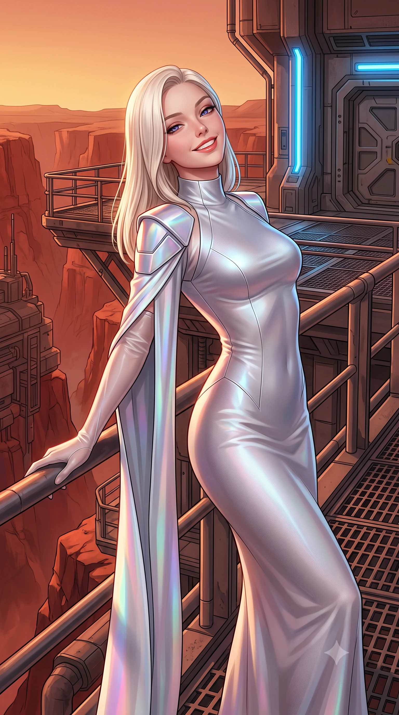 score_9, masterpiece, best quality, ultra-detailed, high-budget anime keyframe, semi-realistic 3D game render, editorial fashion photography, tasteful artistic composition, Caucasian woman. close-up cowboy shot from the waist and thighs up, the character dominates the composition, filling the frame with her large presence. leaning back against the balustrade with relaxed seductive grace, head tilted back slightly while casting a hypnotic, heavy-lidded gaze while standing poised on the reinforced blast terrace jutting over the colossal red chasms of Valles Marineris, arching her back with breathtaking anime heroine charisma. The surrounding environment is rendered in vivid detail and crisp panoramic clarity: sharp basalt rock fracture lines, oxidized iron red rock textures, and heavy industrial airlock seals in deep focus. She has an exceptionally elegant, slender, and willowy female figure with an ultra-slim waist, flat toned midriff, narrow ribcage, and sculpted feminine hips creating an alluring, slim hourglass silhouette without bulk. sharp v-shaped jawline, high-bridge nose, intricate jewel-like sparkling eyes with depth, thick eyelashes, glossy parted lips with a natural peach sheen, bright cheerful beaming smile with an enchanting and coquettish sensual glint, exuding both youthful cute charm and seductive allure, flawlessly proportioned anatomical accuracy, strict slender model proportions, natural body alignment, perfectly sculpted long slender limbs, ultra-slim waistline, clean dynamic posture without body distortion. wearing an elegant high-neck diplomatic sci-fi gown made of bioluminescent silver silk with structured geometric shoulder plates and long flowing sleeves in holographic prismatic pearl and aerospace white, tailored from high-density tech-wool with subtle metallic thread weave, complemented by sheer opera-length evening gloves tracing her slender arms, the bespoke structured tailoring following the natural line of her 8.5-heads silhouette with refined elegance. bathed in rich 2000K warm terracotta sunset glow contrasted with brilliant electric-blue ionization laser conduits. highly saturated vibrant anime colors, detailed shading with soft gradients, rich glossy textures, high-contrast stereoscopic depth, volumetric dynamic lighting, master piece, 9:16 ratio