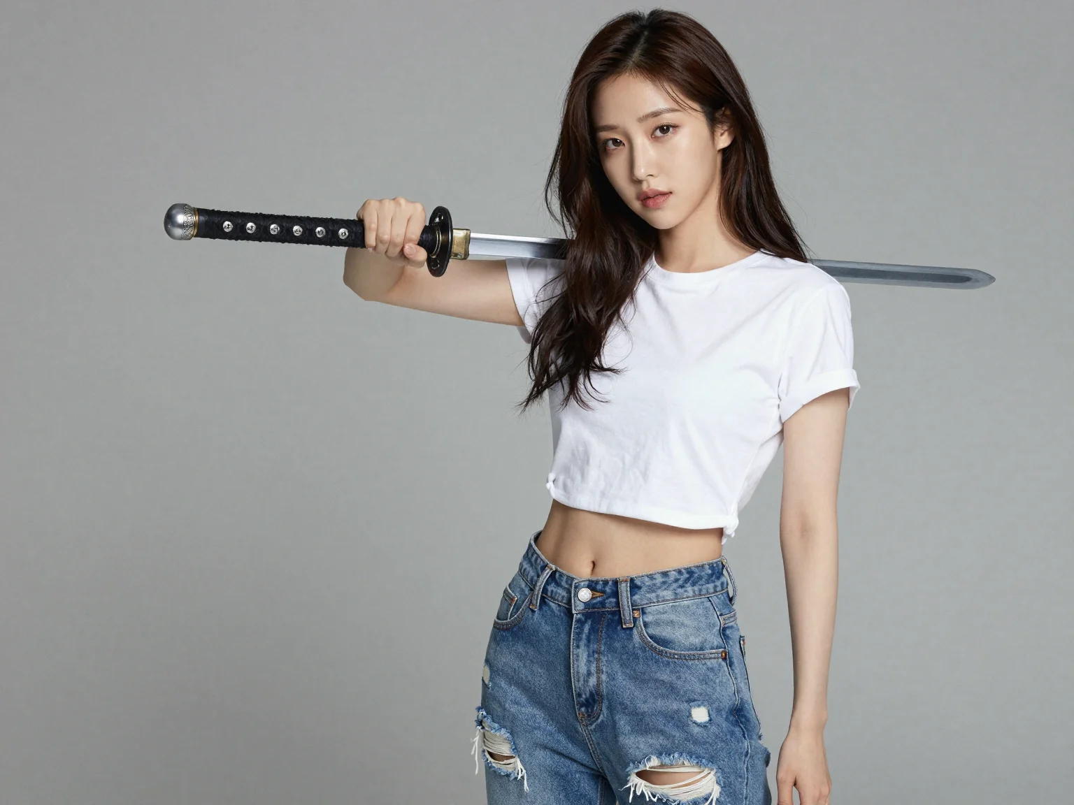A Korean female idol in a white cropped t-shirt and ripped blue jeans, holding a traditional shirasaya sword in a confident, modern warrior pose.