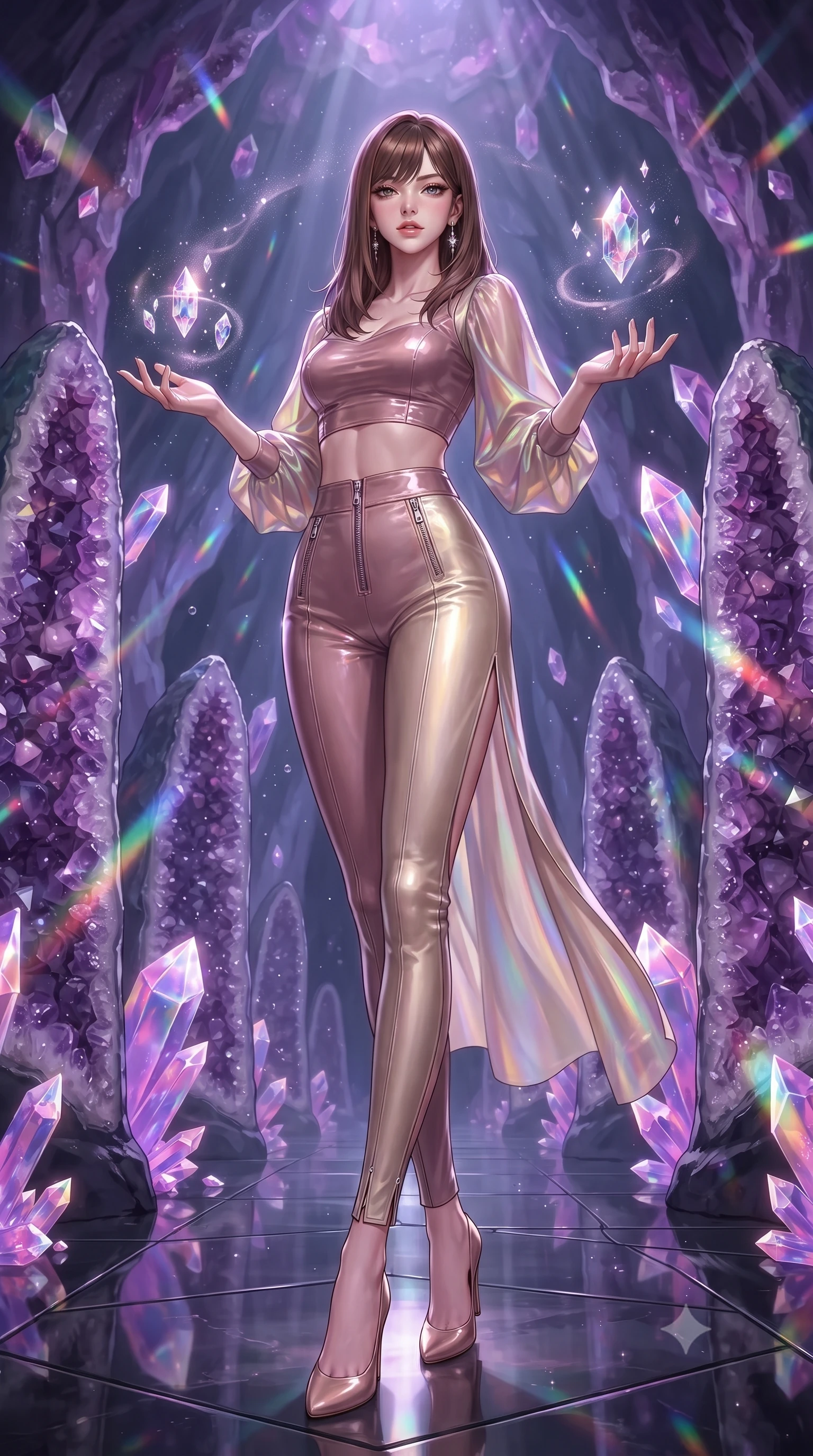 score_9, masterpiece, best quality, ultra-detailed, high-budget anime keyframe, editorial fashion photography, tasteful artistic composition, Korean woman. low angle full-body shot from head to toe showing her feet, filling the entire 9:16 vertical frame with her statuesque presence, stretching her vertical silhouette. interacting gracefully with the magical floating elements while maintaining a confident posture standing inside a breathtaking cavern lined with massive amethyst geode pillars, massive violet and magenta crystal facets scattering prismatic light rays. She has an absolutely perfect, statuesque 8.5-heads proportion, an exceptionally tall and slender model-like female figure with impossibly long slender legs and an ultra-slim waist. sharp v-shaped jawline, high-bridge nose, intricate jewel-like eyes with depth, thick eyelashes, glossy lips with a natural sheen. wearing a glossy vinyl crop top and high-waist tailored leggings with sleek zippers in dusty rose and champagne gold, crafted from iridescent chiffon that shifts colors in the light, finished with a sleek side slit ascending to mid-thigh, the tailored fabric tightly following every curve of her athletic build. surrounded by a cool jewel-toned luminescence with bright specular rim lights. ultra-reflective glossy finish, specular highlights, metallic sheen, high-contrast stereoscopic depth, volumetric dynamic lighting, 2k, ultra detail, master piece, 9:16 ratio