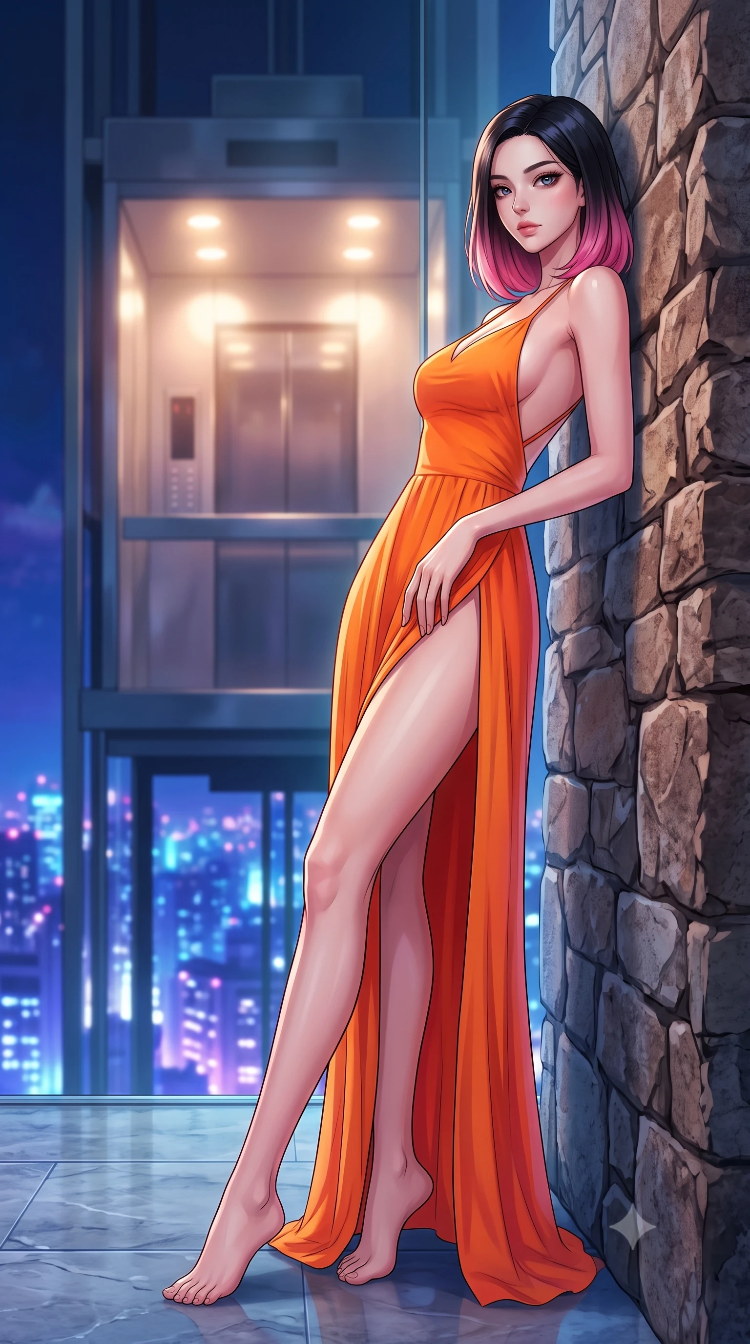 score_9, masterpiece, best quality, ultra-detailed, high-budget anime keyframe, tasteful artistic composition, Korean woman. low angle full-body shot from head to toe showing her feet, filling the entire 9:16 vertical frame with her statuesque presence, stretching her vertical silhouette. leaning back against a rustic stone wall, casting a slow, alluring gaze at the camera the background shows a soft-focus a high-rise vehicle elevator with glass walls showing the city lights below. She has an absolutely perfect, statuesque 8.5-heads proportion, an exceptionally tall and slender model-like female figure with impossibly long slender legs and an ultra-slim waist. sharp v-shaped jawline, high-bridge nose, intricate jewel-like eyes with depth, thick eyelashes, glossy lips with a natural sheen. wearing a tailored high-slit resort gown in sunset orange chiffon, featuring a daring thigh-slit and open back. glittering blue and violet city skyline lights contrasting with warm elevator lights. highly saturated vibrant anime colors, cel-shading, 2d style, master piece, 9:16 ratio