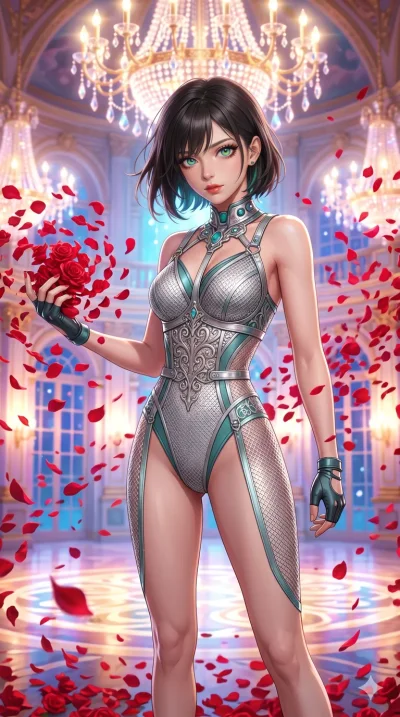 첨부의 캐릭터 얼굴만 유지해, score_9, masterpiece, best quality, ultra-detailed, Set B: Semi-realistic 3D Game Render, Caucasian woman (strictly human ears). Upper body close-up from the thighs up, character filling the screen for maximum presence. Summoning a s