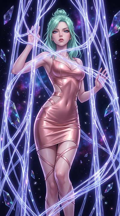 score_9, masterpiece, best quality, ultra-detailed, High-budget Anime Keyframe, East Asian woman. Low angle cowboy shot filling the entire 9:16 frame with her statuesque presence. Scenario 534: trapped in a cage of glowing crystalline fibers, her bod