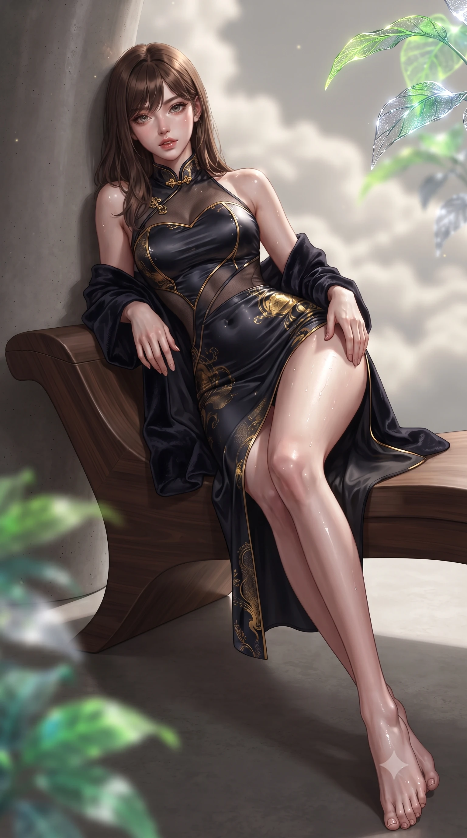 score_9, masterpiece, best quality, ultra-detailed, high-budget anime keyframe, editorial fashion photography, tasteful artistic composition, Korean woman. low angle full-body shot from head to toe showing her feet, filling the entire 9:16 vertical frame with her statuesque presence, stretching her vertical silhouette. leaning deep against the structural architecture with hips cocked in an unapologetically bold, seductive high-fashion stance while reclining on a sculpted teak daybed surrounded by glowing tropical monsteras, her flat midriff and curvy hips bathed in starlight. The composition keeps background elements in soft focus with creamy bokeh. drifting cloud sea blankets and glowing botanical bio-mesh leaves blurred into electric lime, emerald, and moonlight-silver bokeh. She has an exceptionally tall and slender model-like 8.5-heads proportion, an ultra-slim waist, a flat toned midriff, narrow delicate ribcage, and beautifully sculpted feminine hips creating a graceful, slim hourglass silhouette without any bulky heaviness, with impossibly long slender legs. sharp v-shaped jawline, high-bridge nose, intricate jewel-like eyes with depth, thick eyelashes, glossy parted lips with a natural sheen, intensely captivating and seductive bedroom-eyes expression, flawlessly proportioned anatomical accuracy, strict slender model proportions, natural body alignment, perfectly sculpted long slender limbs, ultra-slim waistline, clean dynamic posture without body distortion. wearing a wet-look silk fusion wrap dress with asymmetrical sheer mesh cutouts and high Mandarin collar in midnight obsidian black and liquid gold, tailored from ultra-smooth duchess satin with a pearlescent sheen, complemented by a plush velvet shawl draped loosely over her elbows, the second-skin form-contouring cut accentuating her sculpted flat midriff, narrow delicate ribcage, and gracefully curvy hips with supermodel precision. illuminated by wet specular highlights accentuating her slender neckline, sculpted waist, and rounded hips. ultra-reflective glossy finish, specular highlights, rich textural contrasts, high-contrast stereoscopic depth, volumetric dynamic lighting, 2k, ultra detail, master piece, 9:16 ratio