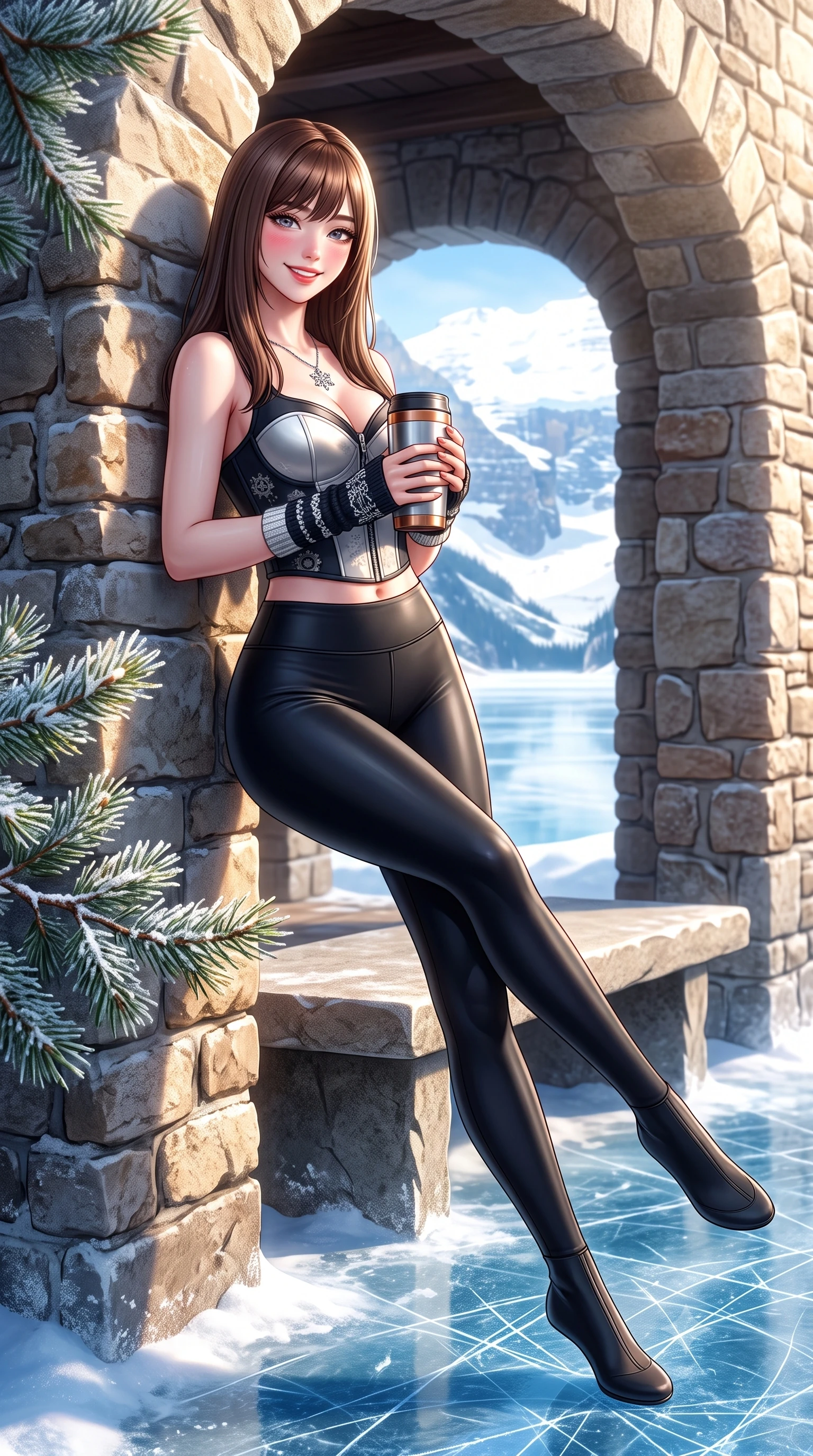score_9, masterpiece, best quality, ultra-detailed, high-budget anime keyframe, semi-realistic 3D game render, editorial fashion photography, tasteful artistic composition, Korean woman. low angle full-body shot from head to toe showing her feet, filling the entire 9:16 vertical frame with her statuesque presence, stretching her vertical silhouette. leaning deep against the sunlit chalet archway with hips cocked back in a cute yet unapologetically alluring high-fashion stance, flashing a warm beaming smile while lounging gracefully on an outdoor stone bench with legs crossed, holding a warm thermos mug while casting a captivating bedroom-gaze. The surrounding environment is rendered in vivid detail and crisp panoramic clarity. sharp ice skate blade scratches on clear blue ice, rustic limestone masonry, and pine needle frost details in deep focus. She has an exceptionally tall and slender model-like 8.5-heads proportion, an ultra-slim waist, a flat toned midriff, narrow delicate ribcage, and beautifully sculpted feminine hips creating a graceful, slim hourglass silhouette without any bulky heaviness, with impossibly long slender legs. sharp v-shaped jawline, high-bridge nose, sparkling ice-crystal eyes with depth, frosty thick lashes, glossy parted lips with a rosy berry sheen, bright playful smile with an intoxicating seductive glint, rosy flushed cheeks radiating cozy warmth and dangerous allure, flawlessly proportioned anatomical accuracy, strict slender model proportions, natural body alignment, perfectly sculpted long slender limbs, ultra-slim waistline, clean dynamic posture without body distortion. wearing sleek black liquid-look thermal leggings paired with a cropped structured corset top in dark obsidian black and gleaming platinum, made of supple second-skin thermal stretch jersey clinging flawlessly to her form, featuring elegant fingerless knit wrist warmers and a dainty silver snowflake pendant, the glove-like silhouette tightly following the natural contour of her hips and long slender legs with youthful 8.5-heads elegance. bathed in brilliant Canadian mountain sunlight reflecting off the vast frozen glacier basin. highly saturated vibrant anime colors, detailed shading with soft gradients, rich glossy textures, high-contrast stereoscopic depth, volumetric dynamic lighting, master piece, 9:16 ratio