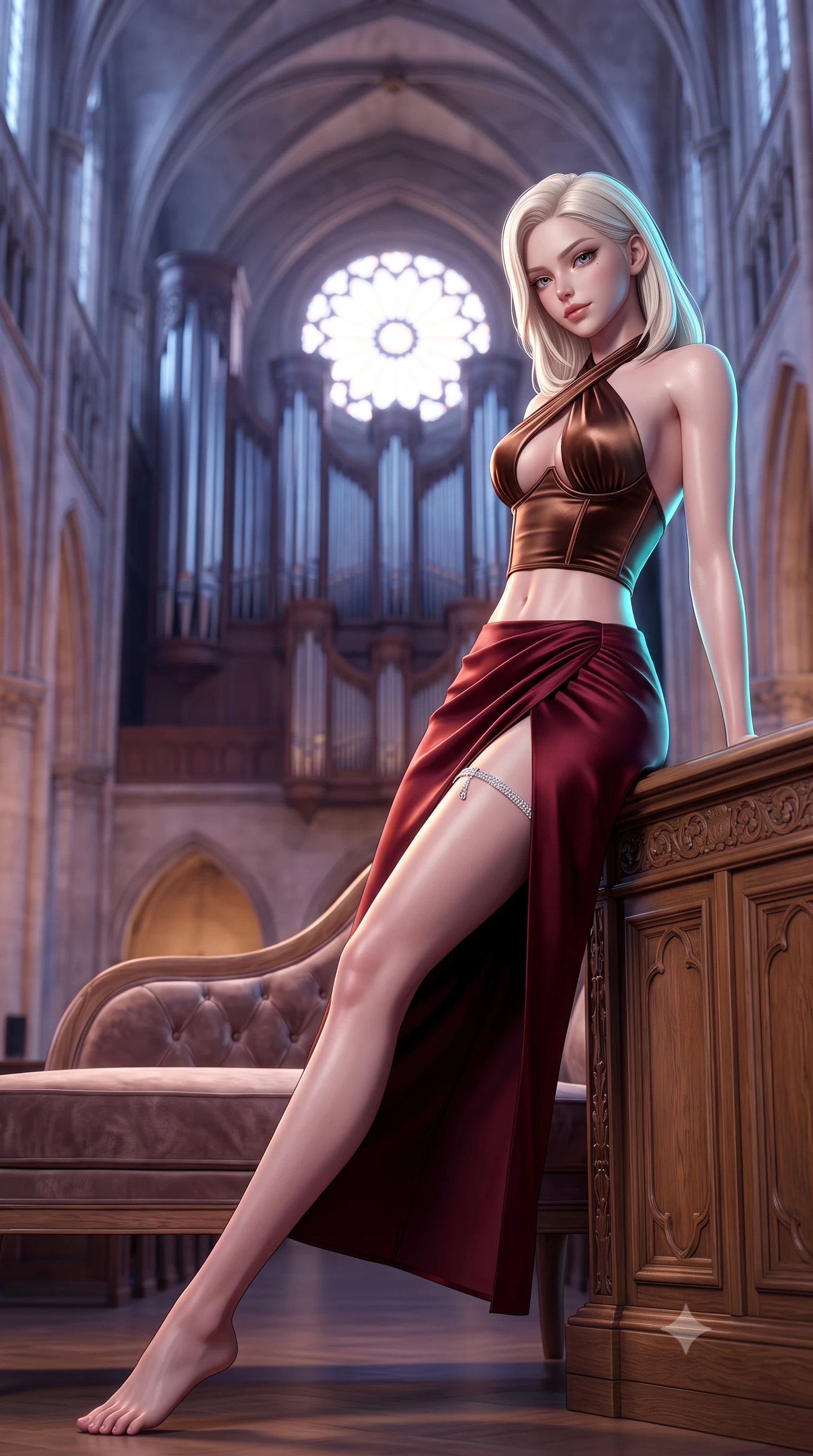 score_9, masterpiece, best quality, ultra-detailed, high-budget anime keyframe, semi-realistic 3D game render, editorial fashion photography, tasteful artistic composition, Caucasian woman. low angle full-body shot from head to toe showing her feet, filling the entire 9:16 vertical frame with her statuesque presence, stretching her vertical silhouette. reclining gracefully across the plush chaise lounge with one leg extended, her sculpted silhouette and flat midriff radiating magnetic nocturnal glamour while leaning against the carved oak console with hips cocked back, looking down into the vast empty nave with smoldering bedroom-eyes. The background shows a soft-focus colossal towering organ pipes, soaring ribbed vault ceilings, and the glowing circular rose window blurred into cobalt, violet, and silver bokeh. She has an absolutely perfect, statuesque 8.5-heads proportion, an exceptionally tall and slender model-like female figure with impossibly long slender legs, an ultra-slim waist, a flat toned midriff, narrow delicate ribcage, and beautifully sculpted feminine hips creating a graceful, slim hourglass silhouette without any bulky heaviness. sharp v-shaped jawline, high-bridge nose, sparkling eyes with hypnotic seductive depth, thick curled eyelashes, glossy parted lips with a natural dewy peach sheen, alluring bedroom-eyes with an enchanting coquettish smile, exuding magnetic siren charisma and sophisticated glamour, flawlessly proportioned anatomical accuracy, strict slender model proportions, natural body alignment, perfectly sculpted long slender limbs, ultra-slim waistline, clean dynamic posture without body distortion. wearing a high-waisted dark crimson satin wrap sarong skirt with hip-high slit paired with a plunging criss-cross halter corset in sultry espresso bronze and metallic copper with velvet sheen, crafted from fluid liquid silk satin that clings smoothly to every curve with a dewy sheen, finished with delicate crystal-encrusted thigh garter straps glinting under the lights, the second-skin tailored fabric adhering flawlessly to her sculpted flat midriff and slender torso, emphasizing her long leg lines and perfectly proportioned willowy build. illuminated by tin pipe specular reflections and sharp electric-cyan rim lights sculpting her jawline, narrow waist, and curvy hips. highly saturated vibrant anime colors, detailed shading with soft gradients, rich glossy textures, high-contrast stereoscopic depth, volumetric dynamic lighting, master piece, 9:16 ratio
