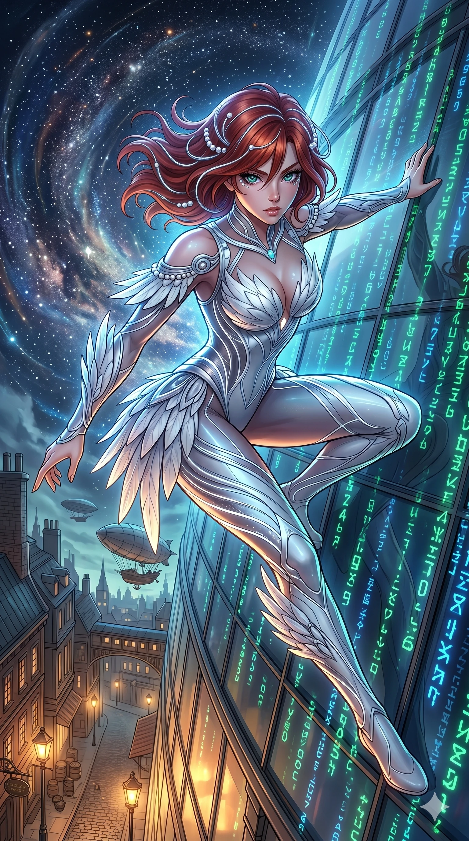 score_9, masterpiece, best quality, ultra-detailed, Set A: High-budget Anime Keyframe, Japanese woman. Upper body close-up from the thighs up, character filling the screen for maximum presence. Theme: Primal Nature. sliding down a glass skyscraper in a steampunk London alleyway, as a digital rain of 117 symbols washes over her. The atmosphere is filled with a swirling vortex of stars. She has an absolutely perfect 8-heads proportion, an exceptionally tall and slender female figure with impossibly long slender legs and an ultra-slim waist. Sharp v-shaped jawline, high-bridge nose, intricate jewel-like eyes with depth, glossy lips. Wearing Elegant swan-inspired tech-outfit with white feathers and glowing silver accents. Cinematic lighting, vivid colors, dramatic shadows, 2k, ultra detail, master piece, 9:16 ratio