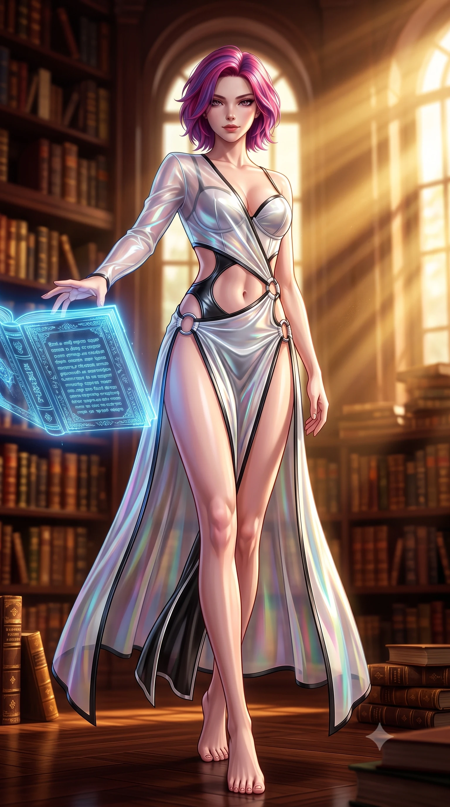score_9, masterpiece, best quality, ultra-detailed, high-budget anime keyframe, semi-realistic 3D game render, editorial fashion photography, tasteful artistic composition, Caucasian woman. low angle full-body shot from head to toe showing her feet, filling the entire 9:16 vertical frame with her statuesque presence, stretching her vertical silhouette. striding forward in a proud, statuesque motion with a dangerous smolder, her vertical silhouette dominating the frame from head to toe while reaching one arm out to touch a glowing holographic tome while glancing over her shoulder with bedroom eyes. The composition keeps background elements in soft focus with creamy bokeh. thousands of vintage leather and gold book spines blurred into rich mahogany and amber bokeh. She has an absolutely perfect, statuesque 8.5-heads proportion, an exceptionally tall and slender model-like female figure with impossibly long slender legs, a toned flat midriff, and an ultra-slim waist. sharp v-shaped jawline, high-bridge nose, intricate jewel-like eyes with depth, thick eyelashes, glossy lips with a natural sheen, flawlessly proportioned anatomical accuracy, strict slender model proportions, natural body alignment, perfectly sculpted long slender limbs, ultra-slim waistline, clean dynamic posture without body distortion. wearing a translucent iridescent organza wrap dress with structured bustier boning, plunging neckline, and high-cut dual leg slits in high-gloss monochrome white and sharp black contrast, made of liquid metal jersey that clings flawlessly to every contour of her build, detailed with polished silver rings connecting the daring side-waist cutouts, the form-contouring material adhering flawlessly to her sculpted flat midriff and slender torso, emphasizing her long leg lines and perfectly proportioned willowy build. bathed in dramatic volumetric golden sunbeams streaming through tall arched windows. highly saturated vibrant anime colors, detailed shading with soft gradients, rich glossy textures, high-contrast stereoscopic depth, volumetric dynamic lighting, master piece, 9:16 ratio
