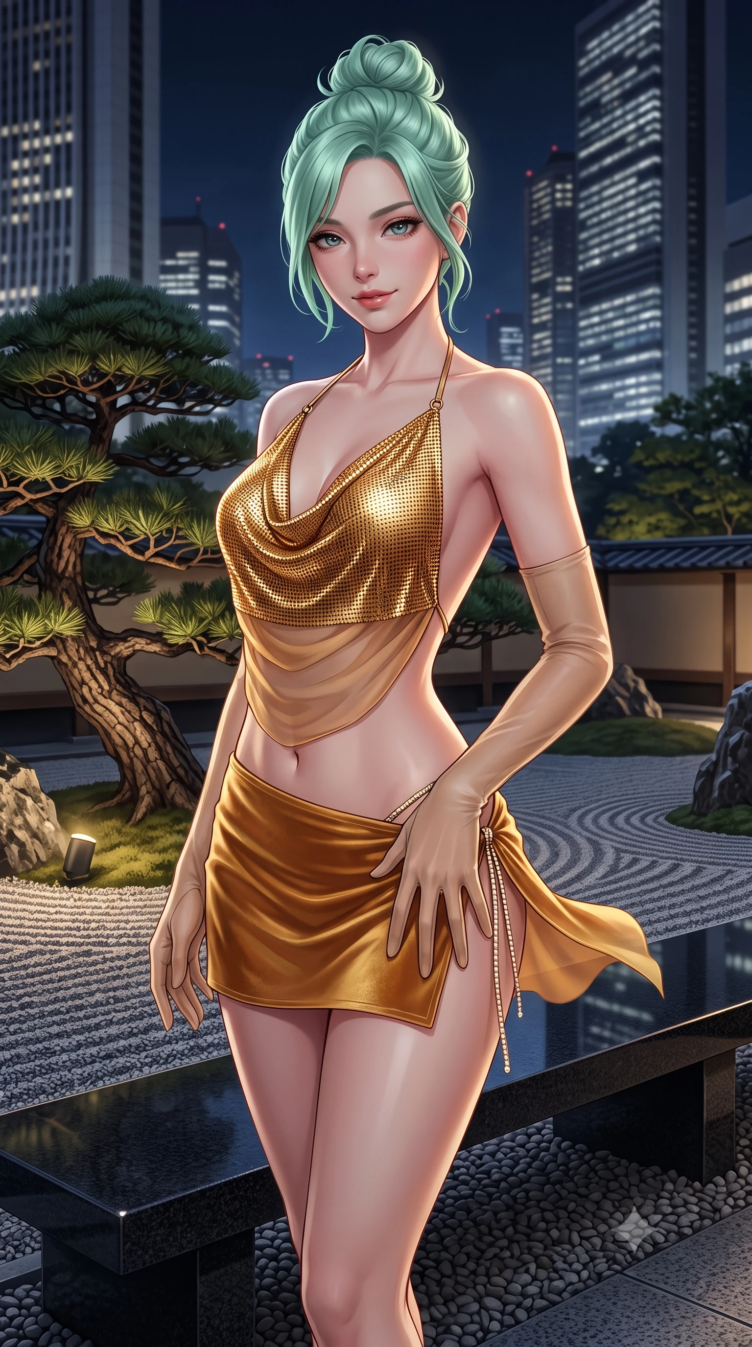 score_9, masterpiece, best quality, ultra-detailed, high-budget anime keyframe, semi-realistic 3D game render, editorial fashion photography, tasteful artistic composition, Japanese woman. close-up cowboy shot from the waist and thighs up, the character dominates the composition, filling the frame with her large presence. tilting her head with a teasing half-smile, running one hand slowly down the side of her hip in a flirtatious S-curve as ambient light caresses her silhouette while twisting her slender torso in an alluring S-curve, gentle night breezes fluttering her silk dress as Shinjuku skyscraper towers loom behind. The surrounding environment is rendered in vivid detail and crisp panoramic clarity: sharp raked gravel furrows, gnarled pine bark textures, and polished black granite bench surfaces in deep focus. She has an exceptionally elegant, slender, and willowy female figure with an ultra-slim waist, flat toned midriff, narrow ribcage, and sculpted feminine hips creating an alluring, slim hourglass silhouette without bulk. sharp v-shaped jawline, high-bridge nose, sparkling eyes with hypnotic seductive depth, thick curled eyelashes, glossy parted lips with a natural dewy peach sheen, alluring bedroom-eyes with an enchanting coquettish smile, exuding magnetic siren charisma and sophisticated glamour, flawlessly proportioned anatomical accuracy, strict slender model proportions, natural body alignment, perfectly sculpted long slender limbs, ultra-slim waistline, clean dynamic posture without body distortion. wearing a liquid gold chainmail cowl halter top paired with an ultra-low-rise velvet mini skirt and side rhinestone ties in warm amber honey and antique gold leaf, made of sheer gossamer chiffon that drapes softly against skin with airy translucence, complemented by sheer opera-length evening gloves tracing her slender arms, the second-skin tailored fabric adhering flawlessly to her sculpted flat midriff and slender torso, emphasizing her long leg lines and perfectly proportioned willowy build. bathed in soft 2800K low-voltage garden ground spotlights highlighting the bonsai pine mixed with full moon sky glow. highly saturated vibrant anime colors, detailed shading with soft gradients, rich glossy textures, high-contrast stereoscopic depth, volumetric dynamic lighting, master piece, 9:16 ratio