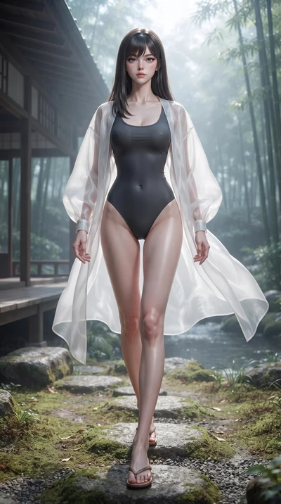 score_9, masterpiece, best quality, ultra-detailed, high-budget anime keyframe, editorial fashion photography, tasteful artistic composition, Korean woman woman. low angle full-body shot from head to toe showing her feet, filling the entire 9:16 vert