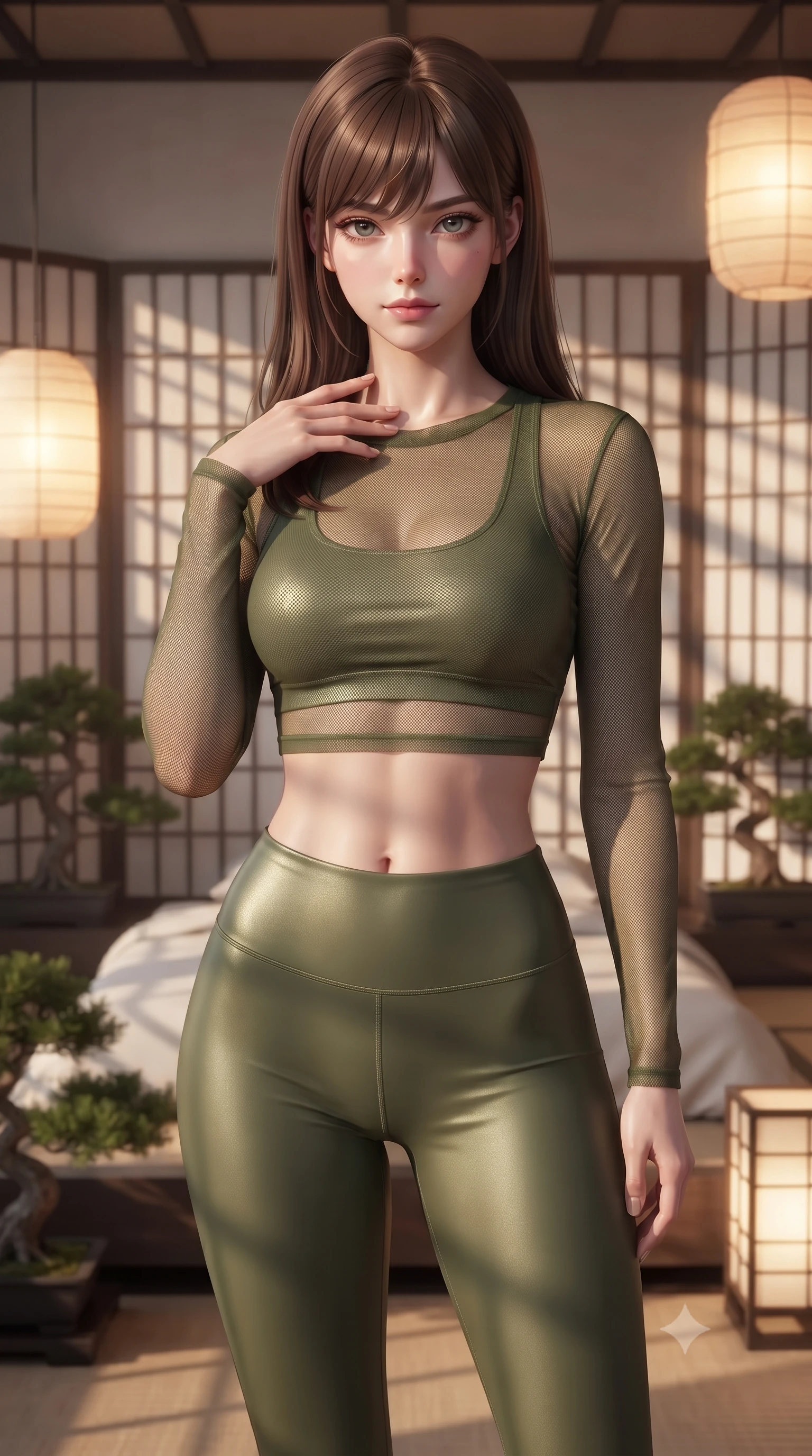 score_9, masterpiece, best quality, ultra-detailed, high-budget anime keyframe, editorial fashion photography, tasteful artistic composition, Korean woman woman. close-up cowboy shot from the waist and thighs up, the character dominates the composition, filling the frame with her large presence, background elements kept in soft focus. standing with one hand resting on her collarbone, looking at the viewer with bedroom-eyes the background shows a soft-focus a modern bedroom decorated with folding paper screens and bonsai plants. She has an exceptionally elegant, slender, and willowy female figure with an ultra-slim waist, a gracefully sculpted slender torso, and a refined silhouette. sharp v-shaped jawline, high-bridge nose, intricate jewel-like eyes with depth, thick eyelashes, glossy lips with a natural sheen. wearing a body-hugging sheer mesh long-sleeve crop top in olive green, worn over a matching sports bra and leggings. warm glowing paper lanterns casting soft, diffused grid-like shadow lines. ultra-reflective glossy finish, specular highlights, metallic sheen, high-contrast stereoscopic depth, volumetric dynamic lighting, 2k, ultra detail, master piece, 9:16 ratio