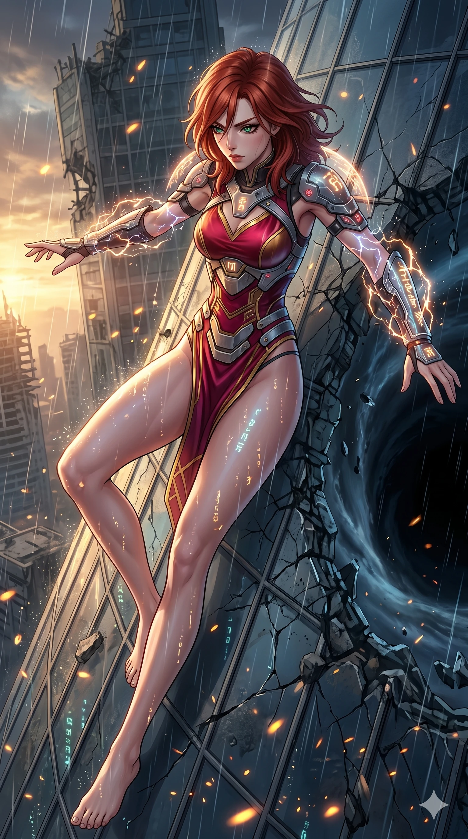 score_9, masterpiece, best quality, ultra-detailed, Set A: High-budget Anime Keyframe, Japanese woman. Upper body close-up from the thighs up, character filling the screen for maximum presence. Theme: Urban Decay. sliding down a glass skyscraper in the edge of a black hole, as a digital rain of 177 symbols washes over her. The atmosphere is filled with golden hour with floating embers. She has an absolutely perfect 8-heads proportion, an exceptionally tall and slender female figure with impossibly long slender legs and an ultra-slim waist. Sharp v-shaped jawline, high-bridge nose, intricate jewel-like eyes with depth, glossy lips. Wearing Futuristic gladiator gear with glowing energy-shields and a high-cut silk tunic. Cinematic lighting, vivid colors, dramatic shadows, 2k, ultra detail, master piece, 9:16 ratio
