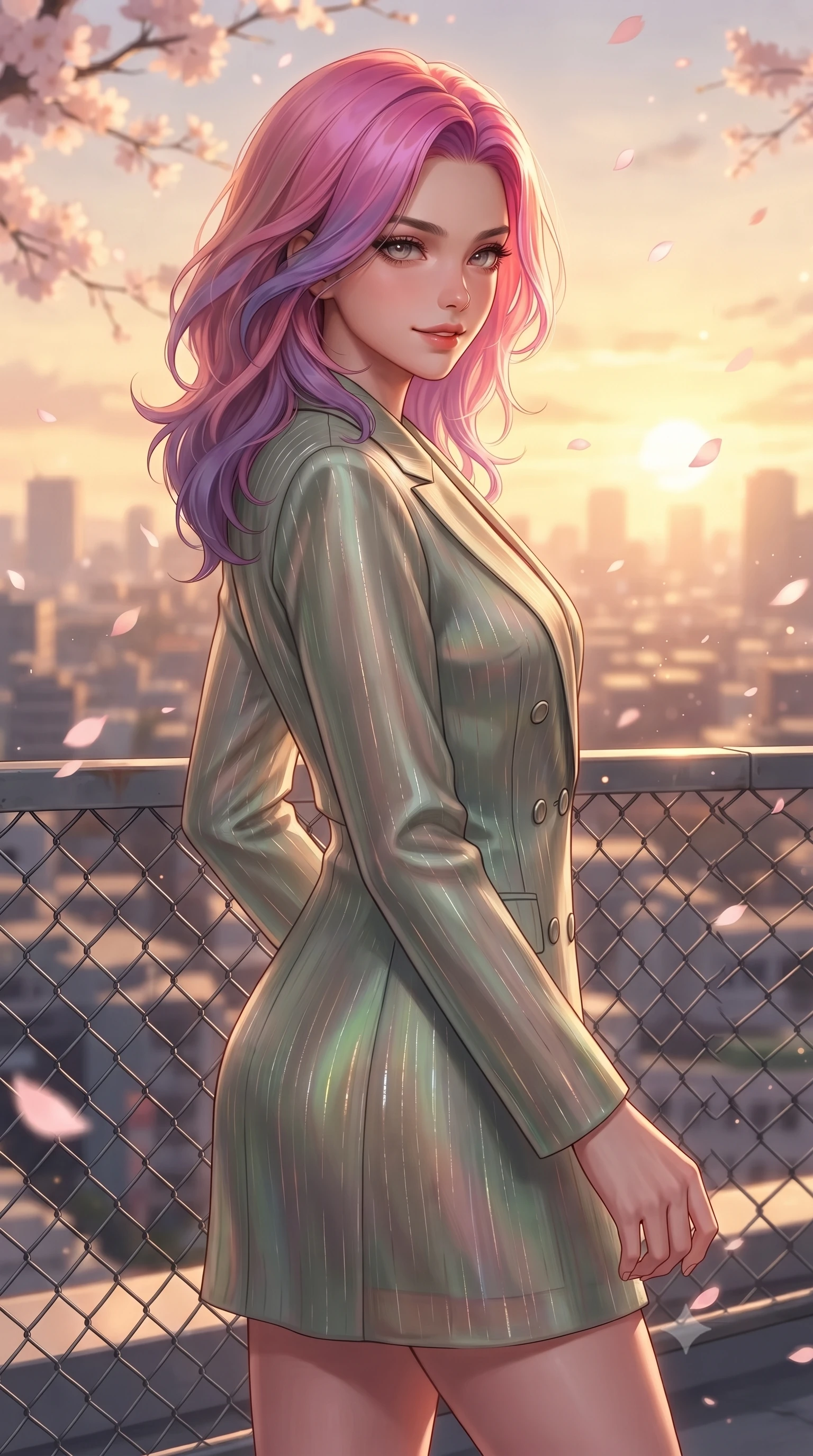 score_9, masterpiece, best quality, ultra-detailed, high-budget anime keyframe, editorial fashion photography, tasteful artistic composition, Caucasian woman. close-up cowboy shot from the waist and thighs up, the character dominates the composition, filling the frame with her large presence, background elements kept in soft focus. Glancing sidelong over her shoulder with a smoldering half-smile and heavy lashes standing by the metal fence of a high school rooftop overlooking a sunset city skyline, fluttering cherry blossom petals catching warm golden sunset highlights. She has an exceptionally elegant, slender, and willowy female figure with an ultra-slim waist, a gracefully sculpted slender torso, and a refined silhouette. sharp v-shaped jawline, high-bridge nose, intricate jewel-like eyes with depth, thick eyelashes, glossy lips with a natural sheen. wearing a double-breasted blazer dress with metallic pin-stripes in sage green and oatmeal, crafted from iridescent chiffon that shifts colors in the light, accented with a Tasteful chest slit framing her clavicle gracefully, the elegant draped fit framing her graceful clavicle and slender torso. illuminated by soft glowing evening sunbeams filtering through sakura branches. highly saturated vibrant anime colors, detailed shading with soft gradients, rich glossy textures, high-contrast stereoscopic depth, volumetric dynamic lighting, master piece, 9:16 ratio