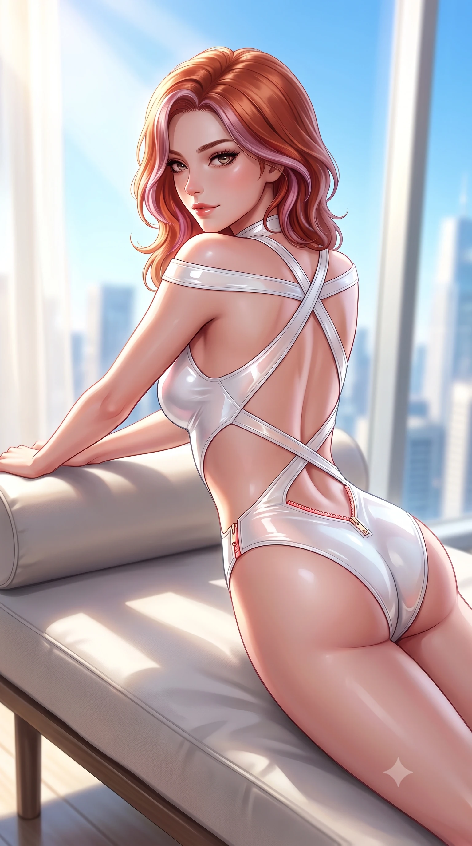 score_9, masterpiece, best quality, ultra-detailed, high-budget anime keyframe, semi-realistic 3D game render, editorial fashion photography, tasteful artistic composition, Caucasian woman. close-up cowboy shot from the waist and thighs up, the character dominates the composition, filling the frame with her large presence. stretching forward with an alluring arch of her spine, glancing over her shoulder with thick eyelashes and a smoldering half-smile while lounging seductively in a minimalist designer daybed framed by bright morning sunbeams and city sky views. The composition keeps background elements in soft focus with creamy bokeh. sunlit skyscraper towers and clear blue skies blurred into bright, clean high-key urban bokeh. She has an exceptionally elegant, slender, and willowy female figure with an ultra-slim waist, a gracefully sculpted slender torso, toned flat midriff, and a refined slim silhouette. sharp v-shaped jawline, high-bridge nose, intricate jewel-like eyes with depth, thick eyelashes, glossy lips with a natural sheen, flawlessly proportioned anatomical accuracy, strict slender model proportions, natural body alignment, perfectly sculpted long slender limbs, ultra-slim waistline, clean dynamic posture without body distortion. wearing a glossy white second-skin latex bodysuit with high-thigh cuts, exposed clavicle neckline, and gleaming zipper details in radiant coral pink and champagne ivory, tailored from semi-translucent cybernetic vinyl with glowing micro-filaments, complemented by criss-cross back straps highlighting her completely bare spine, the precision-cut daring openings accentuating her delicate midriff, graceful bare collarbones, and ultra-slim feminine waistline. surrounded by a hyper-clean, sophisticated, and ultra-chic luxury editorial aura. highly saturated vibrant anime colors, detailed shading with soft gradients, rich glossy textures, high-contrast stereoscopic depth, volumetric dynamic lighting, master piece, 9:16 ratio