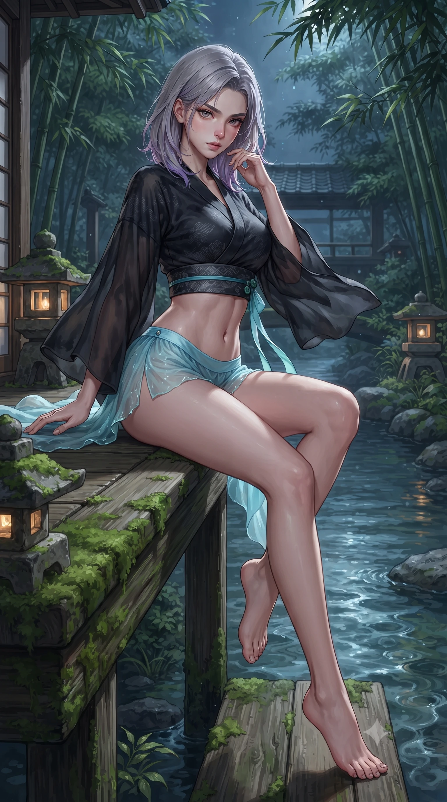 score_9, masterpiece, best quality, ultra-detailed, high-budget anime keyframe, editorial fashion photography, tasteful artistic composition, Caucasian woman. low angle full-body shot from head to toe showing her feet, filling the entire 9:16 vertical frame with her statuesque presence, stretching her vertical silhouette. sitting perched on the elevated edge with hips angled toward the camera and legs crossed, displaying her toned midriff and flawlessly sculpted slender limbs while standing poised on the wooden bridge terrace, twisting her upper body in an alluring S-curve as night wind rustles through the bamboo canopy. The surrounding environment is rendered in vivid detail and crisp panoramic clarity. detailed silk kimono weave, stone lantern moss textures, and river water ripples in high resolution. She has an absolutely perfect, statuesque 8.5-heads proportion, an exceptionally tall and slender model-like female figure with impossibly long slender legs, a toned flat midriff, an ultra-slim waist, and beautifully sculpted feminine hips. sharp v-shaped jawline, high-bridge nose, intricate jewel-like eyes with depth, thick eyelashes, glossy parted lips with a natural sheen, intensely captivating and seductive bedroom-eyes expression, flawlessly proportioned anatomical accuracy, strict slender model proportions, natural body alignment, perfectly sculpted long slender limbs, ultra-slim waistline, clean dynamic posture without body distortion. wearing a modern shortened silk-yukata crop top with wide fluttering sleeves and low-slung swim shorts in dark ink-wash black and radiant moonlight cyan, woven from sheer cascading chiffon that ripples like water, finished with genuine jade button closures and floating celestial silk ribbons, the liquid-tight tailored fabric clinging flawlessly to her narrow waist and rounded feminine hips, emphasizing every millimeter of her sculpted hourglass curves during movement. surrounded by a tranquil, poetic, and deeply sensual Japanese ryokan muse aura. ultra-reflective glossy finish, specular highlights, rich textural contrasts, high-contrast stereoscopic depth, volumetric dynamic lighting, 2k, ultra detail, master piece, 9:16 ratio
