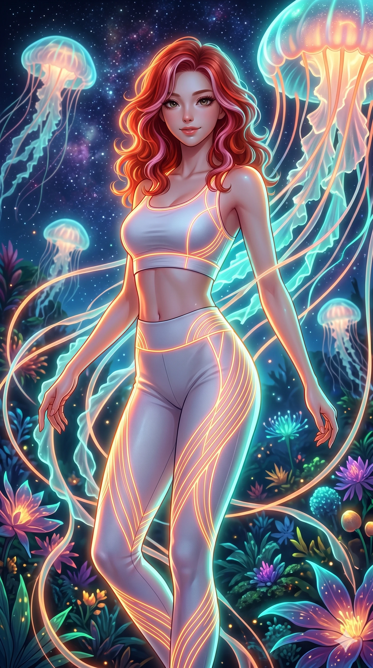 score_9, masterpiece, best quality, ultra-detailed, high-budget anime keyframe, Japanese woman. upper body close-up from the thighs up, character filling the screen for maximum presence. swirling gracefully among the glowing ribbon-like tentacles of giant bioluminescent jellyfish floating in a starry sky garden. She has an absolutely perfect 8-heads proportion, an exceptionally tall and slender female figure with impossibly long slender legs and an ultra-slim waist. V-shaped jawline, high-bridge nose, intricate jewel-like eyes with depth, thick eyelashes, glossy lips with a natural sheen.. wearing a neon filament athleisure set, featuring a tight white crop top and matching leggings woven with glowing orange neon filaments, highlighting her slender body contour. bathed in brilliant cinematic volumetric lighting and intense neon rim light highlighting her slender form. 2k, ultra detail, master piece, 9:16 ratio