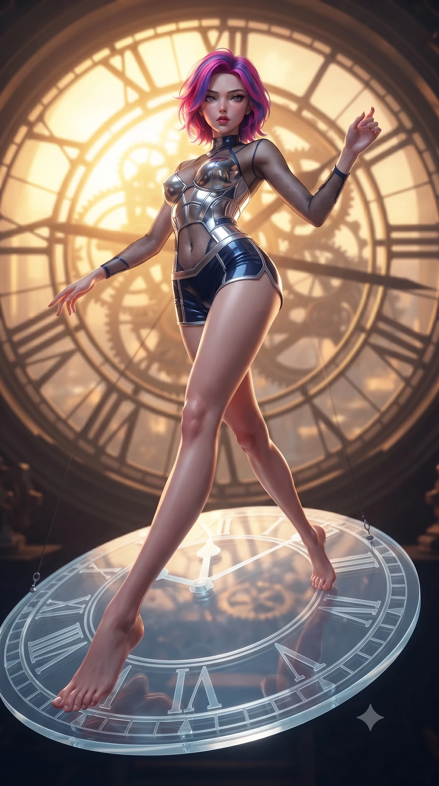 score_9, masterpiece, best quality, ultra-detailed, high-budget anime keyframe, editorial fashion photography, tasteful artistic composition, Caucasian woman. low angle full-body shot from head to toe showing her feet, filling the entire 9:16 vertical frame with her statuesque presence, stretching her vertical silhouette. forging dynamically through the scene with her long slender legs and ultra-slim waist creating a sweeping S-curve while balancing dynamically on a giant translucent Roman numeral clock dial in mid-air, dramatic twilight amber light streaming through a massive clock tower window. She has an absolutely perfect, statuesque 8.5-heads proportion, an exceptionally tall and slender model-like female figure with impossibly long slender legs and an ultra-slim waist. sharp v-shaped jawline, high-bridge nose, intricate jewel-like eyes with depth, thick eyelashes, glossy lips with a natural sheen, flawlessly proportioned anatomical accuracy, natural body alignment, perfectly sculpted elegant limbs, clean dynamic posture without body distortion. wearing a chrome-plated structured bodice worn over a sheer mesh top and micro-shorts in midnight navy blue and chrome trim, made of fine carbon-fiber weave and soft matte leather, featuring subtle geometric cutouts that highlight her ultra-slim midriff, the form-contouring material highlighting her ultra-slim waist and long lines. illuminated by a brilliant golden hour glow filtering through clockwork dials. ultra-reflective glossy finish, specular highlights, metallic sheen, high-contrast stereoscopic depth, volumetric dynamic lighting, 2k, ultra detail, master piece, 9:16 ratio
