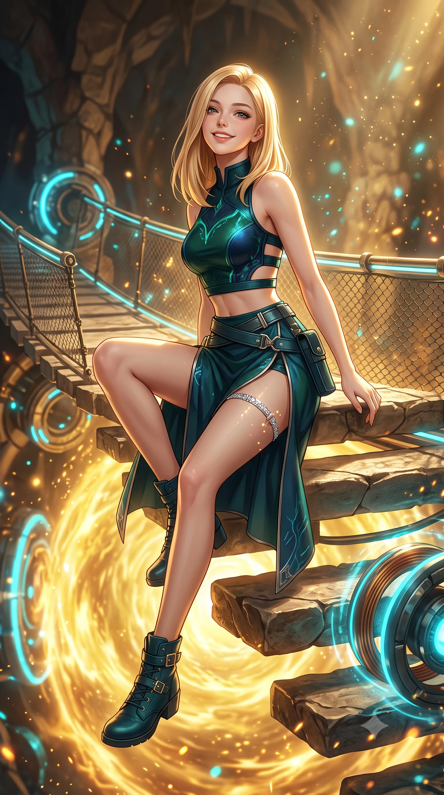 score_9, masterpiece, best quality, ultra-detailed, high-budget anime keyframe, semi-realistic 3D game render, editorial fashion photography, tasteful artistic composition, Korean woman. low angle full-body shot from head to toe showing her feet, filling the entire 9:16 vertical frame with her statuesque presence, stretching her vertical silhouette. sitting poised on the stone steps with one knee bent, arching her spine with supermodel elegance as she glances upward through thick eyelashes while standing poised on the suspended magnetic bridge over the swirling sphere of golden magnetic plasma, arching her spine with breathtaking anime heroine allure. The background shows a soft-focus swirling sphere of molten golden plasma, circular magnetic coil rings pulsing with cyan light, and shimmering heat distortion ripples blurred into gold, amber, and cyan bokeh. She has an exceptionally tall and slender model-like 8.5-heads proportion, an ultra-slim waist, a flat toned midriff, narrow delicate ribcage, and beautifully sculpted feminine hips creating a graceful, slim hourglass silhouette without any bulky heaviness, with impossibly long slender legs. sharp v-shaped jawline, high-bridge nose, intricate jewel-like sparkling eyes with depth, thick eyelashes, glossy parted lips with a natural peach sheen, bright cheerful beaming smile with an enchanting and coquettish sensual glint, exuding both youthful cute charm and seductive allure, flawlessly proportioned anatomical accuracy, strict slender model proportions, natural body alignment, perfectly sculpted long slender limbs, ultra-slim waistline, clean dynamic posture without body distortion. wearing an alluring tactical crop top with asymmetrical side-rib cutouts and high-neck collar paired with a high-slit wrap skirt in bioluminescent emerald and abyssal sapphire, crafted from bespoke double-faced cashmere with an exceptionally soft tactile finish, finished with delicate crystal-encrusted thigh garter straps glinting in the dim light, the liquid-tight tailored fabric clinging flawlessly to her narrow waist and rounded feminine hips, emphasizing every millimeter of her sculpted slim hourglass curves without any bulky heaviness. illuminated by gantry reflection bounce and sharp sunburst-gold rim lights defining her jawline, narrow waist, and curvy hips. highly saturated vibrant anime colors, detailed shading with soft gradients, rich glossy textures, high-contrast stereoscopic depth, volumetric dynamic lighting, master piece, 9:16 ratio