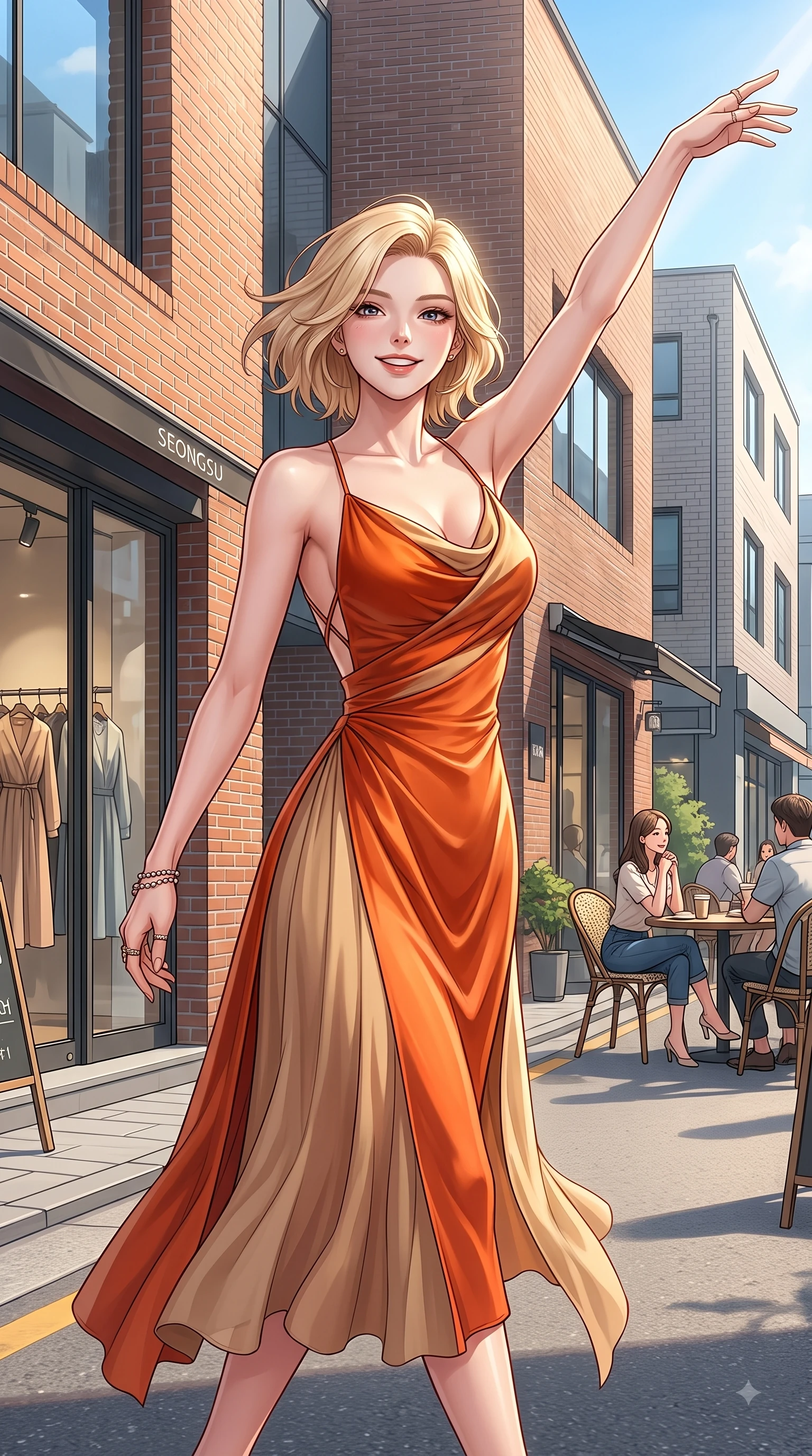 score_9, masterpiece, best quality, ultra-detailed, high-budget anime keyframe, editorial fashion photography, tasteful artistic composition, Caucasian woman. close-up cowboy shot from the waist and thighs up, the character dominates the composition, filling the frame with her large presence. Extending one arm in an elegant stretch toward the light while smiling with vibrant, youthful self-assurance while walking dynamically down a sunlit Seongsu boutique street lined with modern brick cafes. The surrounding environment is rendered in vivid detail and crisp panoramic clarity. intricate fashion displays, outdoor cafe seating, and crisp architectural shadows rendered in deep focus. She has an exceptionally elegant, slender, and willowy female figure with an ultra-slim waist, a gracefully sculpted slender torso, and a refined silhouette. sharp v-shaped jawline, high-bridge nose, intricate jewel-like eyes with depth, thick eyelashes, glossy lips with a natural sheen, flawlessly proportioned anatomical accuracy, natural body alignment, perfectly sculpted elegant limbs, clean dynamic posture without body distortion. wearing an elegant cowl-neck silk satin midi dress with a graceful draped neckline in bright burnt orange and warm beige, crafted from lightweight fluid chiffon, finished with delicate criss-cross back straps highlighting her bare shoulders, the sleek second-skin texture accentuating her magnetic presence. illuminated by crisp clear afternoon key light and vibrant specular highlights. highly saturated vibrant anime colors, detailed shading with soft gradients, rich glossy textures, high-contrast stereoscopic depth, volumetric dynamic lighting, master piece, 9:16 ratio