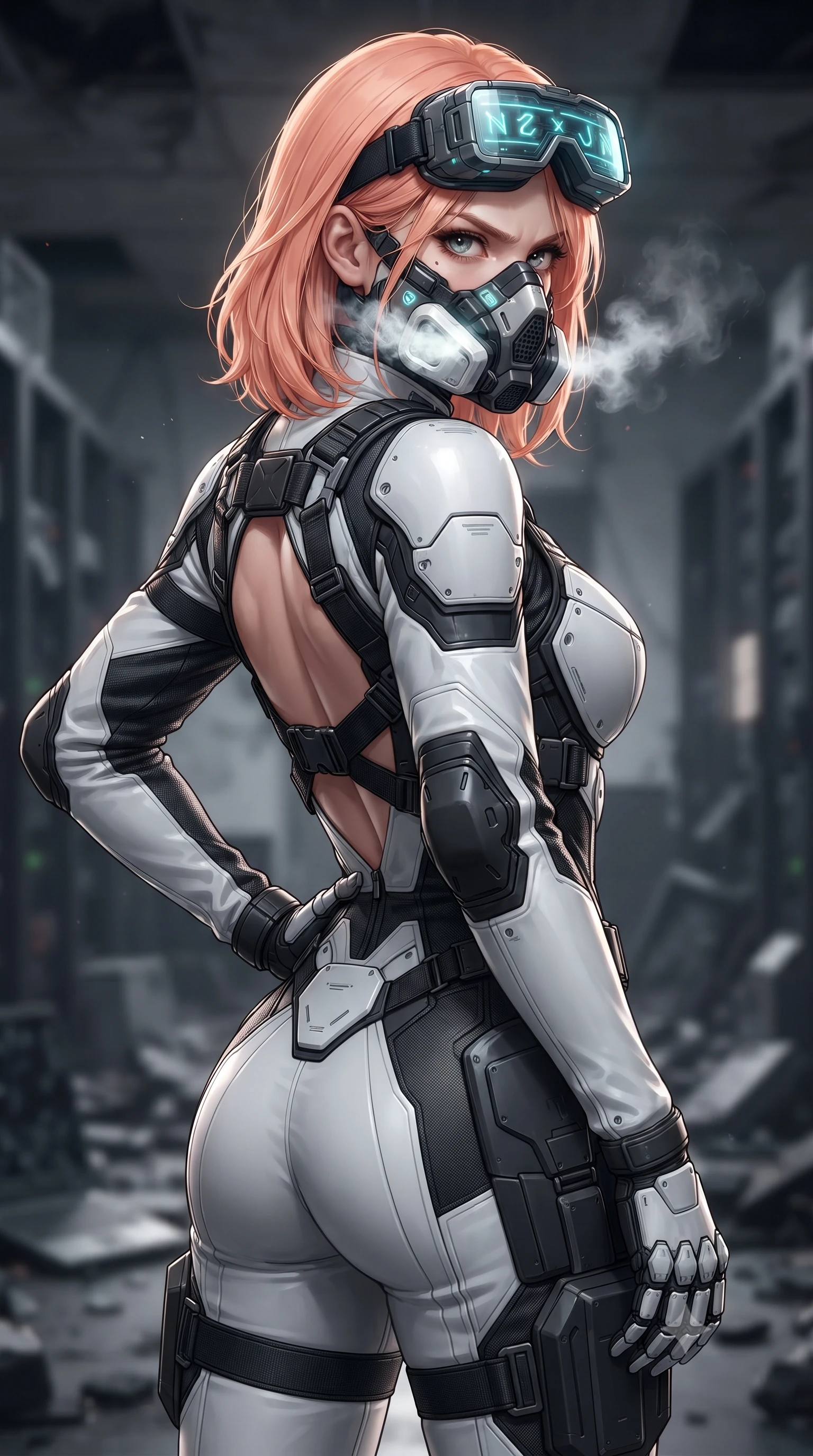 score_9, masterpiece, best quality, ultra-detailed, high-budget anime keyframe, editorial fashion photography, tasteful artistic composition, Japanese woman. close-up cowboy shot from the waist and thighs up, the character dominates the composition, filling the frame with her large presence. resting one armored hand on her hip while glancing over her shoulder with thick eyelashes and an indomitable, smoldering combat gaze while pivoting dynamically as her half-face rebreather vents glowing white vapor, her captivating eyes locked onto the viewer with fierce intent. The composition keeps background elements in soft focus with creamy bokeh. shattered server towers and blackened concrete slabs softened in smooth atmospheric depth of field. She has an exceptionally elegant, slender, and willowy female figure with an ultra-slim waist, a gracefully sculpted slender torso, toned flat midriff, and a refined slim silhouette. sharp v-shaped jawline, high-bridge nose, intricate jewel-like eyes with depth, thick eyelashes, glossy lips with a natural sheen, fierce and resolute heroine expression, flawlessly proportioned anatomical accuracy, strict slender model proportions, natural body alignment, perfectly sculpted long slender limbs, ultra-slim waistline, clean dynamic posture without body distortion. wearing high-tech holographic tactical goggles resting tipped up on her forehead, casting glowing neon runes across her brow without obscuring her features, paired with a tailored tactical combat jumpsuit with an open-back harness design, reinforced composite breastplate, and high-mobility elbow dampers in monochrome white enamel carbon with high-contrast black tactical panels, made of lightweight aerodynamic carbon-titanium alloy with precision-beveled armor seams, finished with high-mobility flexible armor articulation seams and miniature magnetic locks, the glove-like aerodynamic second-skin fit tightly clinging to her ultra-slender waist and athletic curves without adding bulk, accentuating her razor-sharp statuesque lines and slim hourglass silhouette. illuminated by crisp directional rim lights sharply defining her ultra-slim waist, long legs, and flat midriff. ultra-reflective glossy finish, specular highlights, dark metallic sheen, high-contrast stereoscopic depth, volumetric dynamic lighting, 2k, ultra detail, master piece, 9:16 ratio