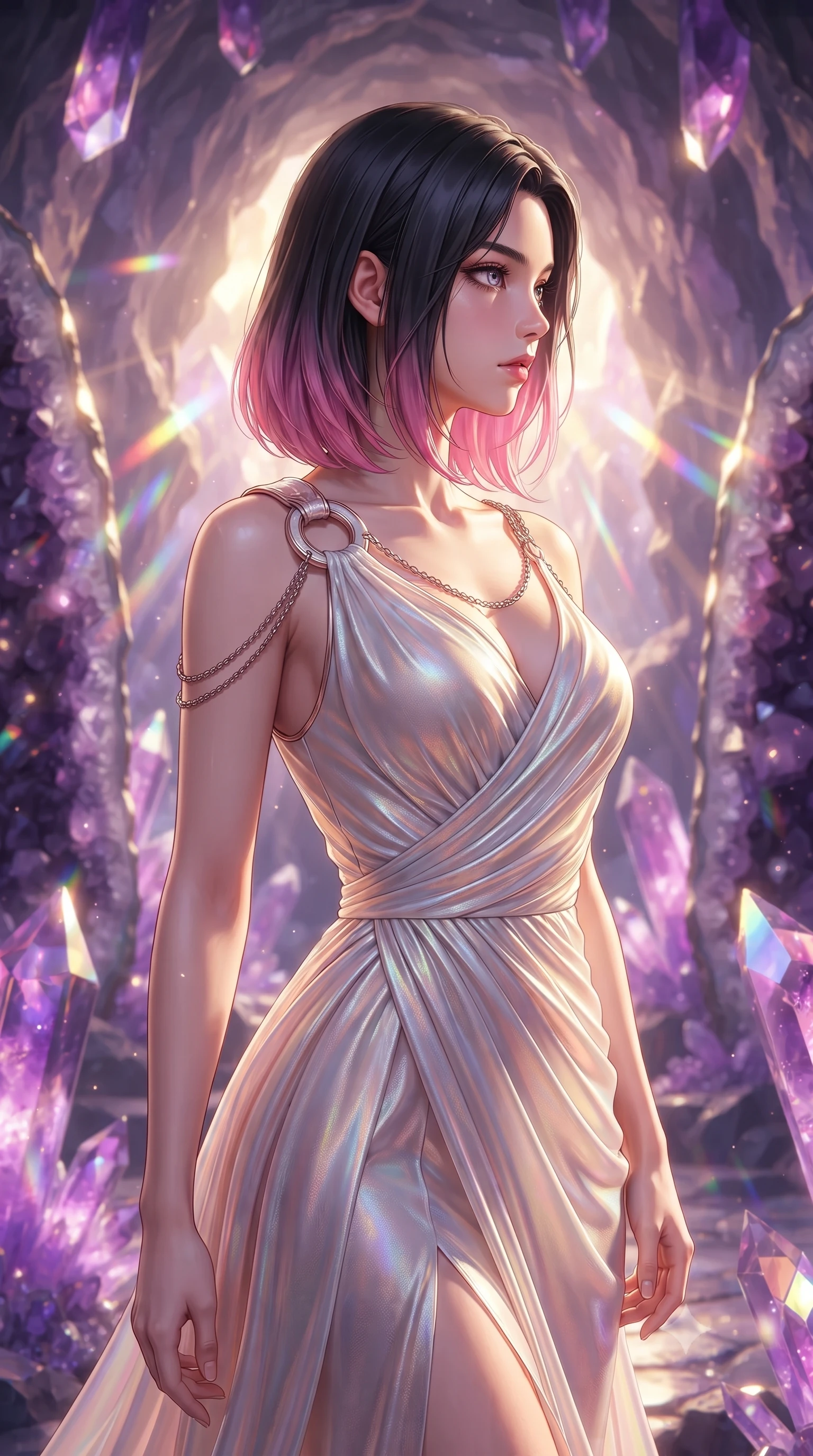 score_9, masterpiece, best quality, ultra-detailed, high-budget anime keyframe, editorial fashion photography, tasteful artistic composition, Korean woman. close-up cowboy shot from the waist and thighs up, the character dominates the composition, filling the frame with her large presence, background elements kept in soft focus. Turning her face in sharp dramatic profile against the bright light, showcasing her sharp v-shaped jawline standing inside a breathtaking cavern lined with massive amethyst geode pillars, massive violet and magenta crystal facets scattering prismatic light rays. She has an exceptionally elegant, slender, and willowy female figure with an ultra-slim waist, a gracefully sculpted slender torso, and a refined silhouette. sharp v-shaped jawline, high-bridge nose, intricate jewel-like eyes with depth, thick eyelashes, glossy lips with a natural sheen. wearing an asymmetrical Grecian draped chiffon gown with a metallic shoulder ring in pearl white and rose gold, crafted from iridescent chiffon that shifts colors in the light, adorned with delicate metallic chain straps along the neckline, the tailored fabric tightly following every curve of her athletic build. lit by warm golden sunlight colliding with cool violet crystal illumination. ultra-reflective glossy finish, specular highlights, metallic sheen, high-contrast stereoscopic depth, volumetric dynamic lighting, 2k, ultra detail, master piece, 9:16 ratio
