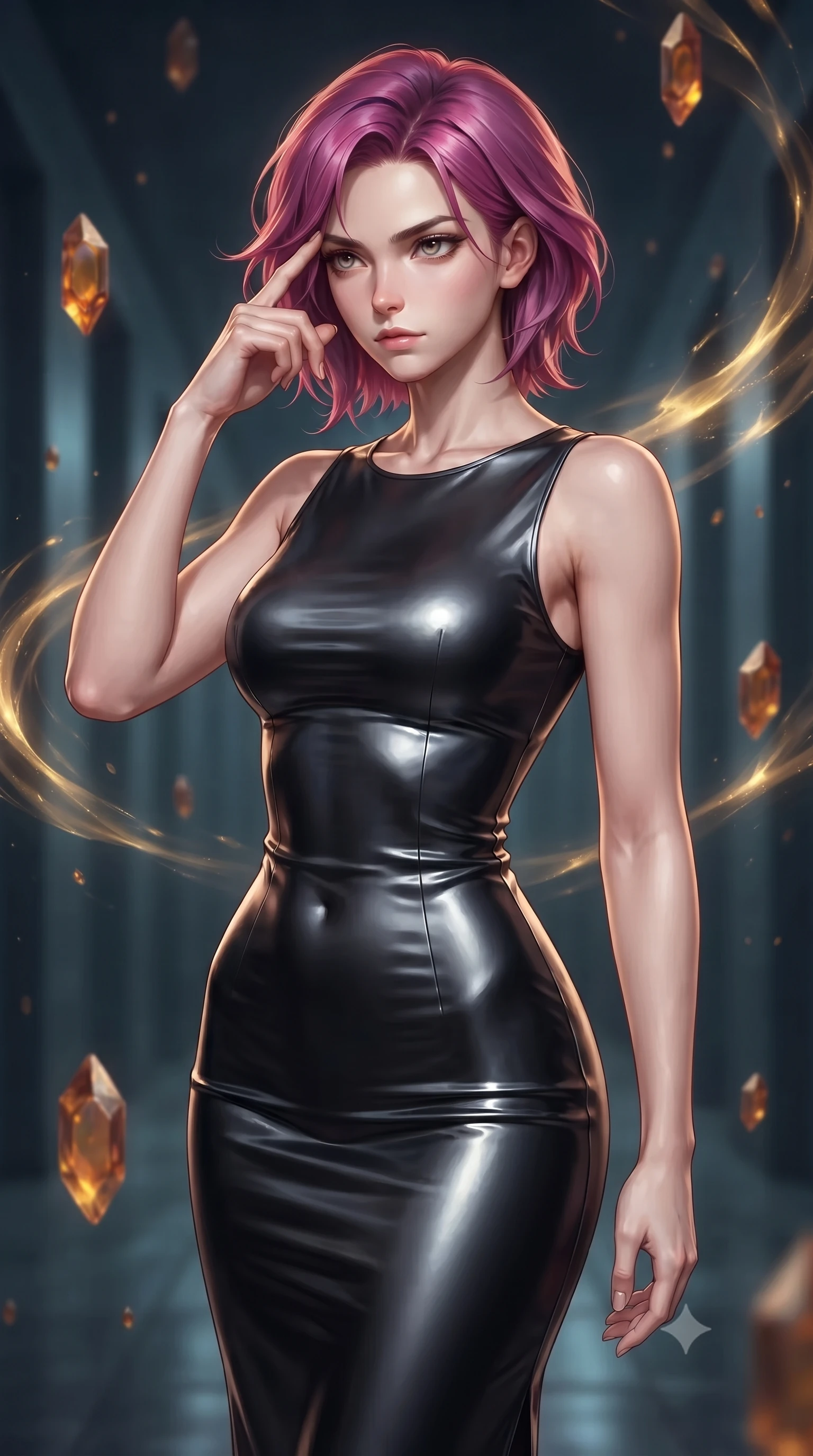 score_9, masterpiece, best quality, ultra-detailed, high-budget anime keyframe, editorial fashion photography, tasteful artistic composition, Caucasian woman woman. close-up cowboy shot from the waist and thighs up, the character dominates the composition, filling the frame with her large presence, background elements kept in soft focus. She has an exceptionally elegant, slender, and willowy female figure with an ultra-slim waist, a gracefully sculpted slender torso, and a refined silhouette. pressing two fingers to her temple in a composed gesture, gazing past the camera with sharp focus, flawlessly proportioned anatomical accuracy, natural body alignment, perfectly sculpted elegant limbs, clean dynamic posture without body distortion. set against a soft-focus background of a temporal corridor with floating amber time crystals. wearing a sleek obsidian liquid silk midi dress with a tight tailored waistline. bathed in golden temporal energy flares casting dramatic volumetric rim lighting. ultra-reflective glossy finish, specular highlights, metallic sheen, high-contrast stereoscopic depth, volumetric dynamic lighting, 2k, ultra detail, master piece, 9:16 ratio